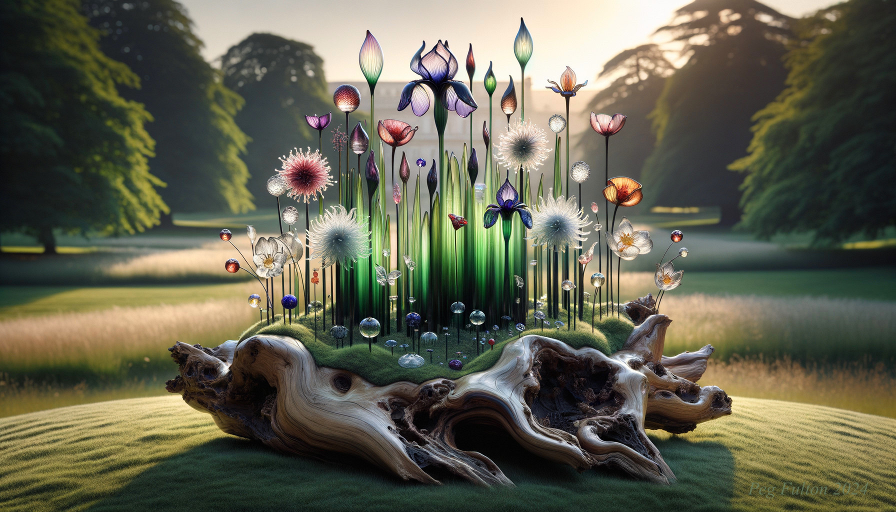 Vibrant Glass-Like Flowers on Gnarled Wooden Base