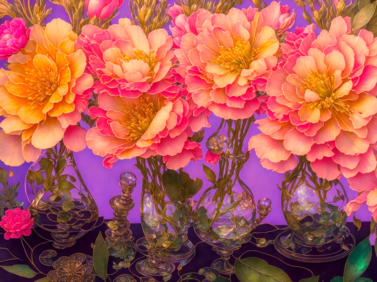 Vibrant Peony Flowers in Glass Vase with Purple Background