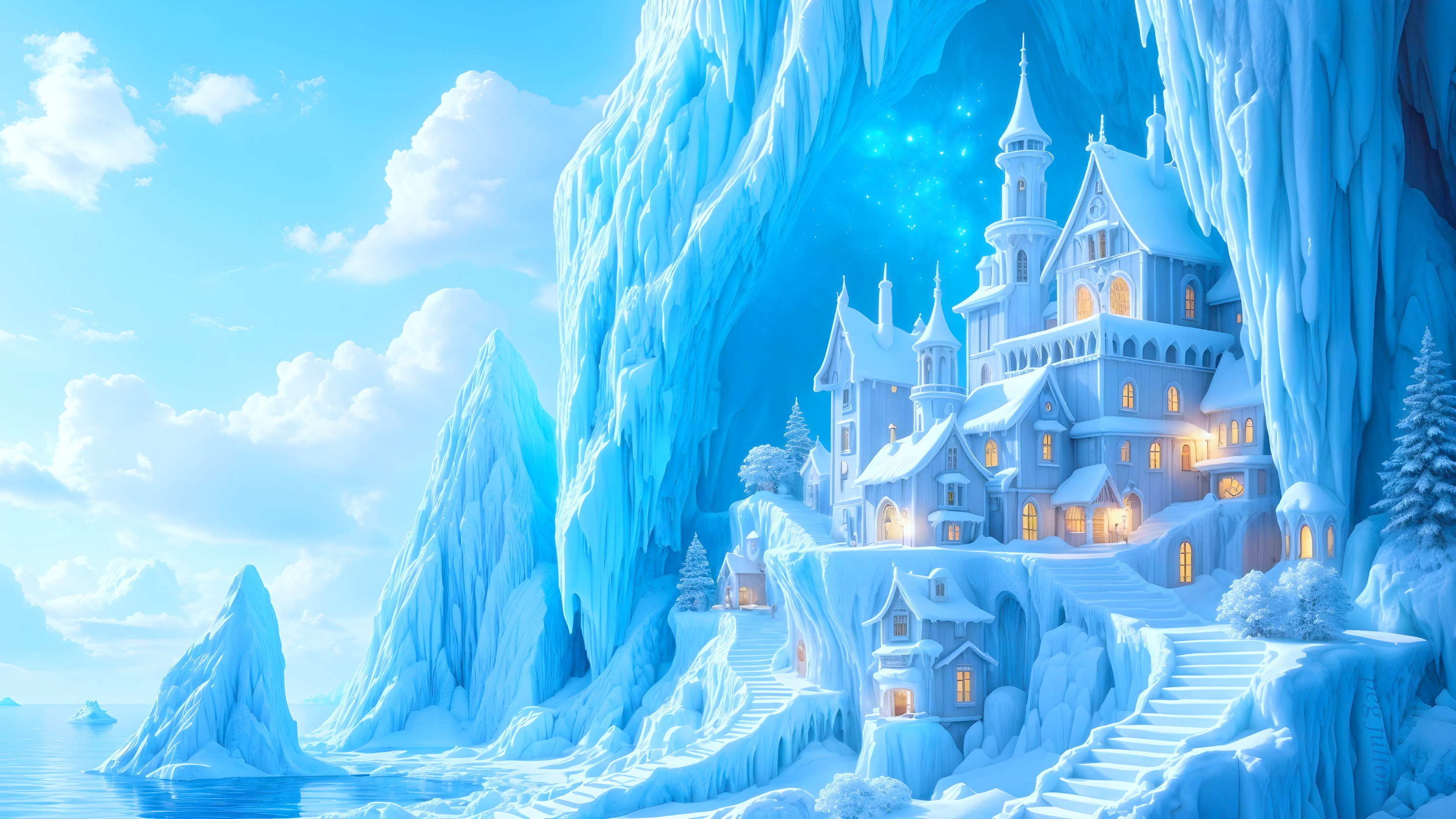 Majestic Ice Castle on Snowy Cliff with Spires