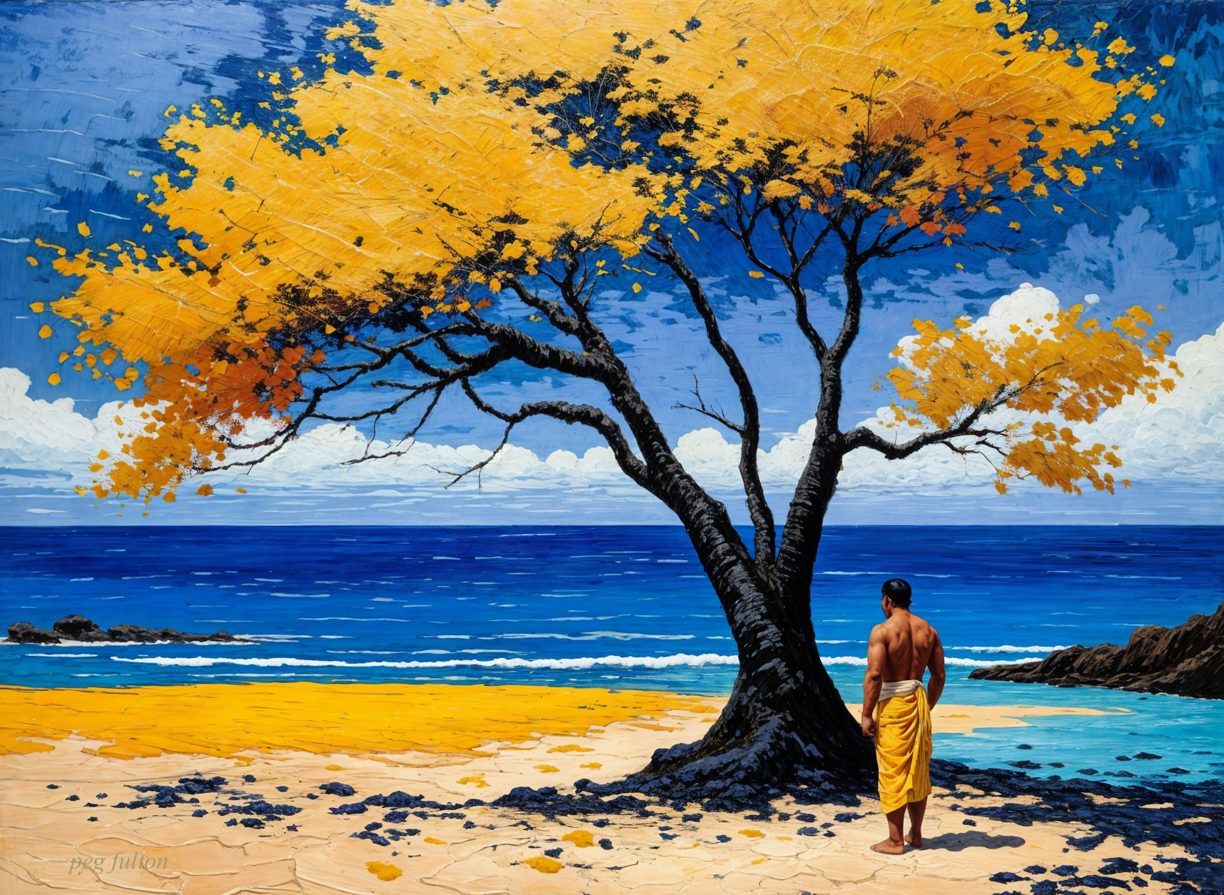 Solitary Figure Under Tree on Beach Scene