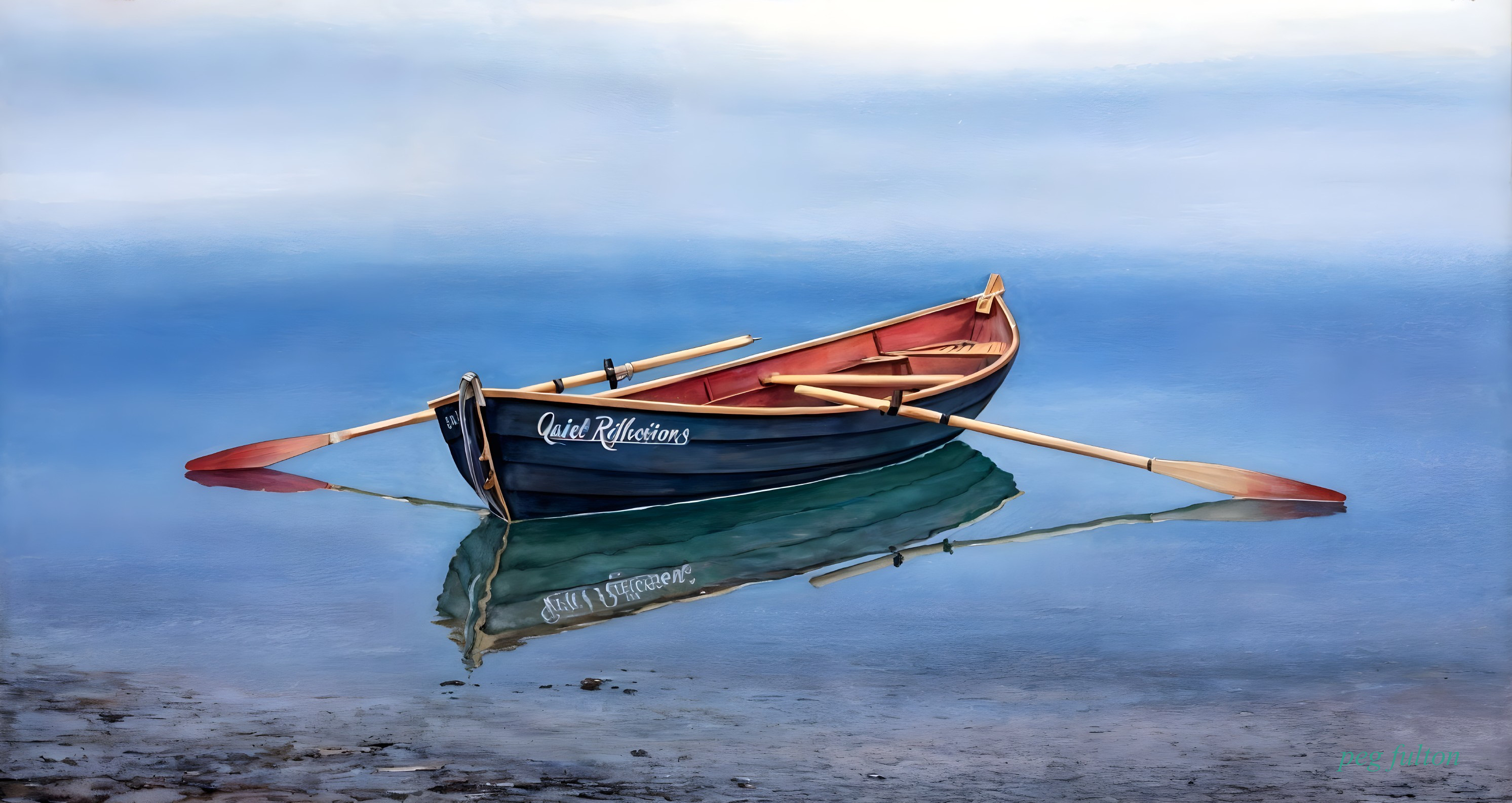 Serene Wooden Rowboat on Calm Reflective Waters