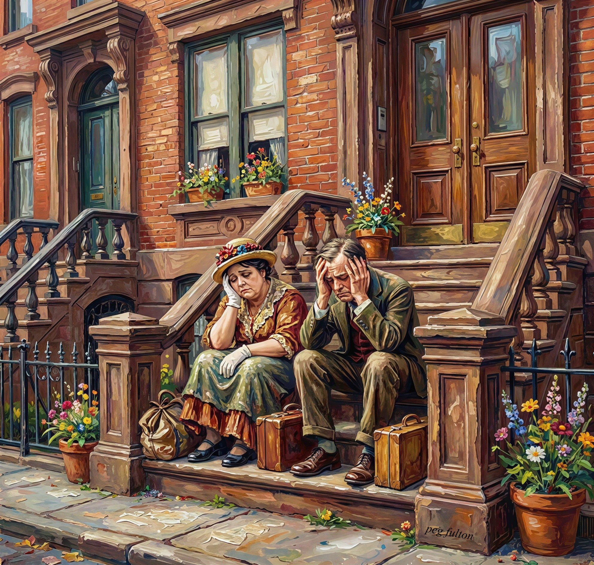 Couple with Suitcases on Brownstone Steps