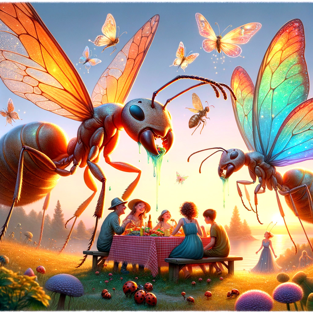 Giant Insects and Tiny Humans in a Lush Clearing