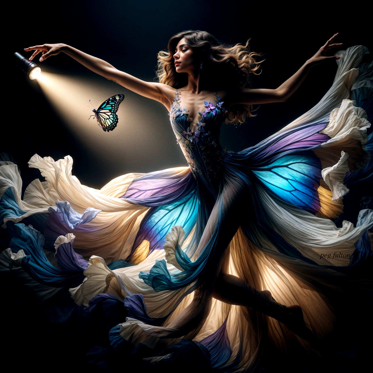 Elegant Dance in Butterfly-Inspired Gown and Lighting