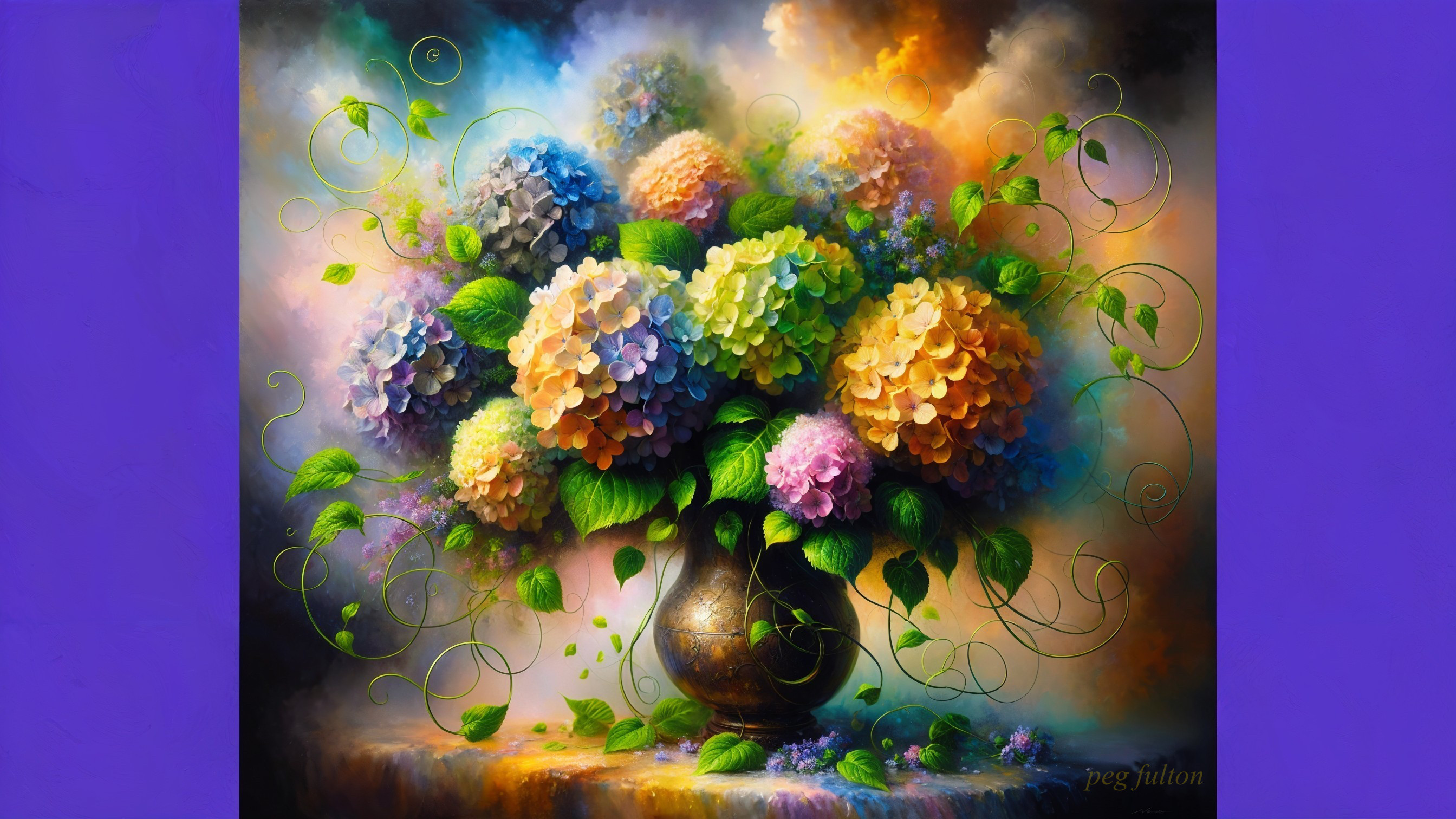 Vibrant Hydrangea Bouquet in Dark Vase with Leaves