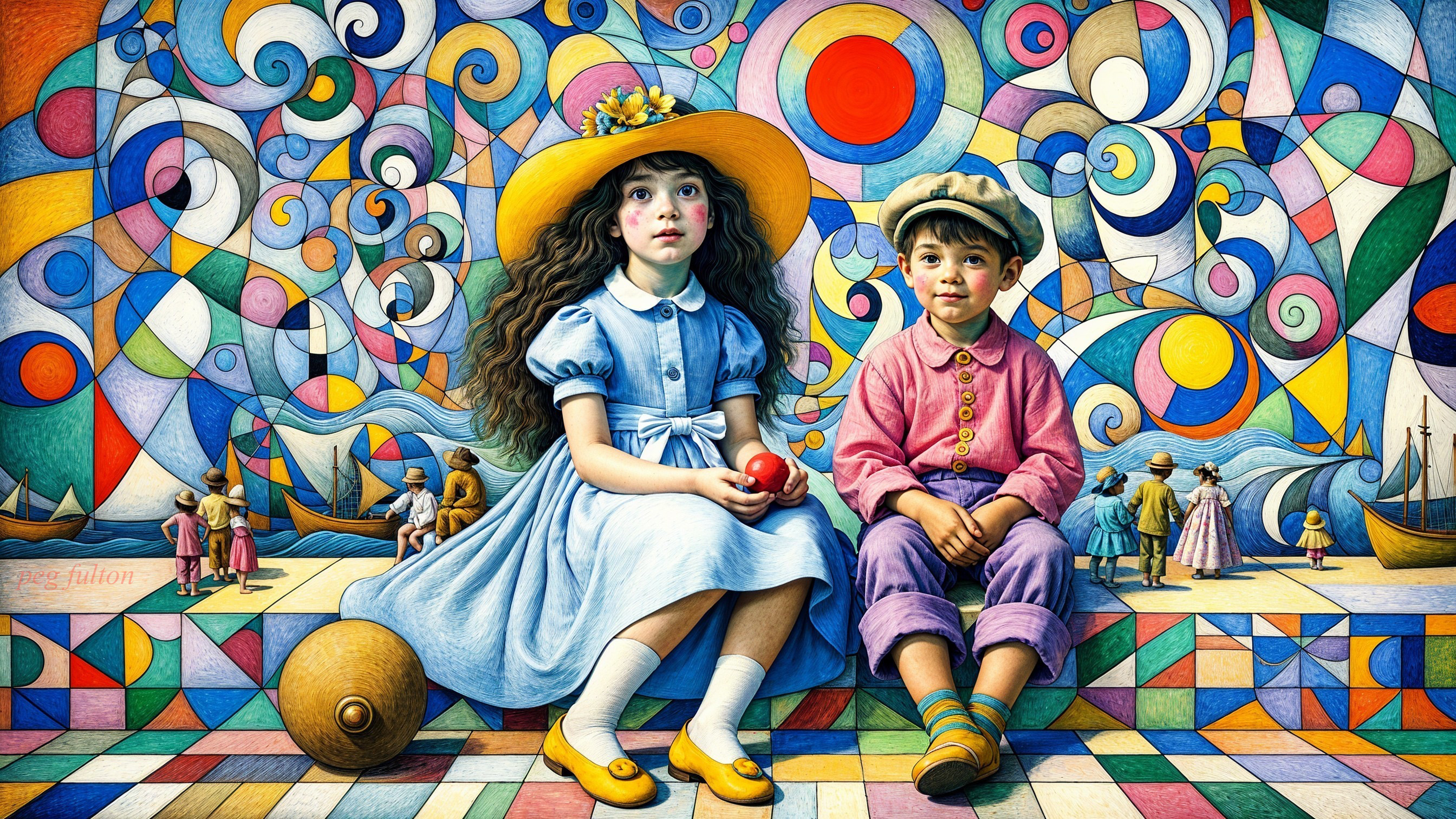 Whimsical Colorful Scene with Children and Abstract Shapes