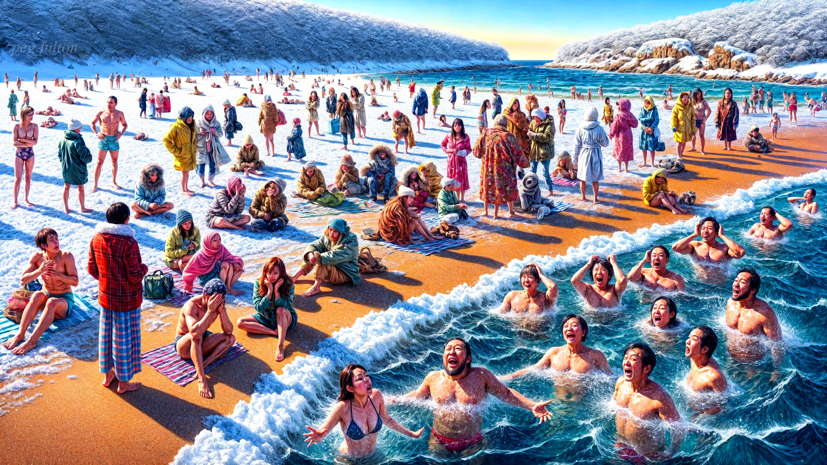Vibrant Beach Scene with Snowy Surroundings