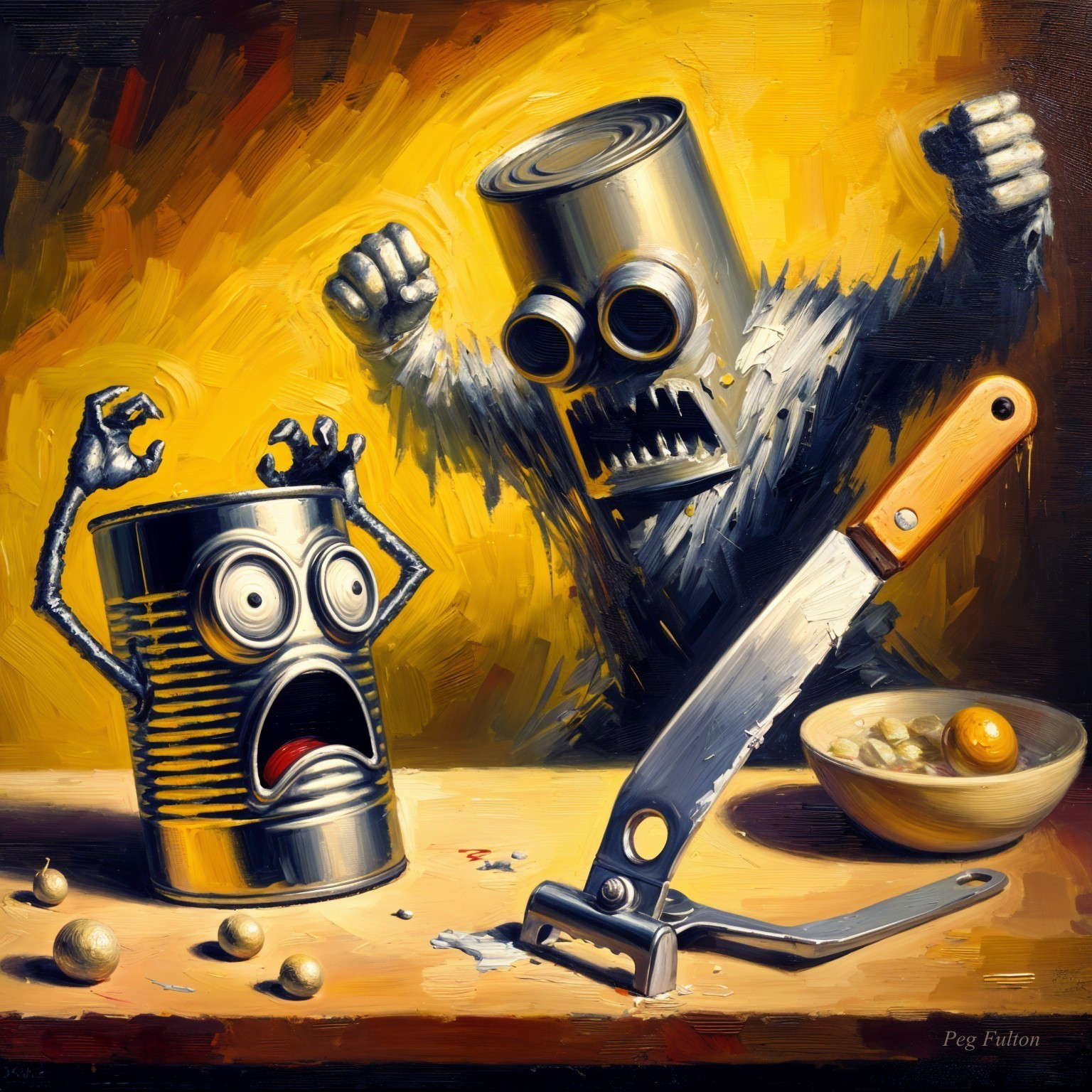 Dramatic Scene of Canisters and Eggs in Chaos