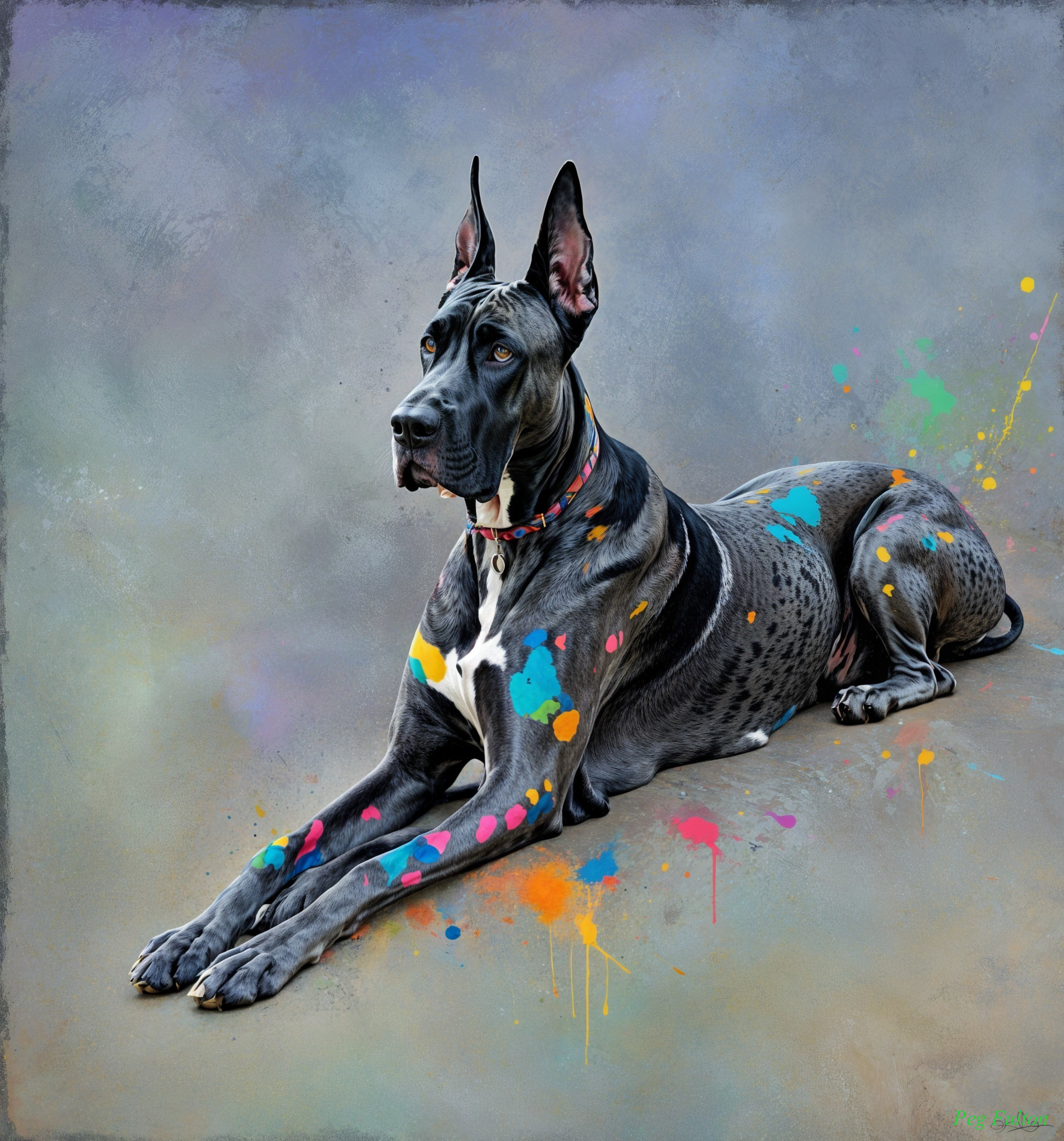 Great Dane with Colorful Spots Against Soft Backdrop