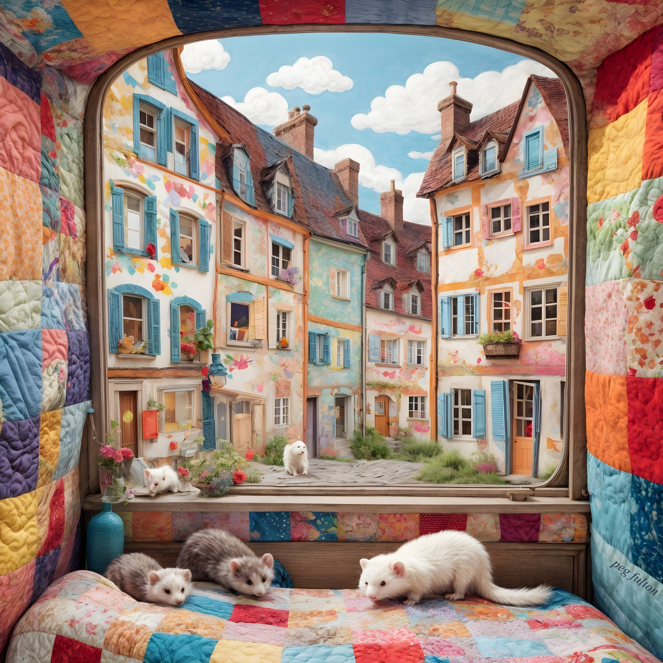 Quilted Nook with Colorful European Buildings and Animals