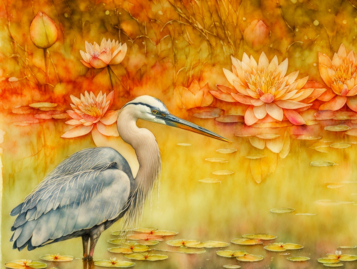 Heron in Tranquil Pond with Water Lilies and Lotus Flowers