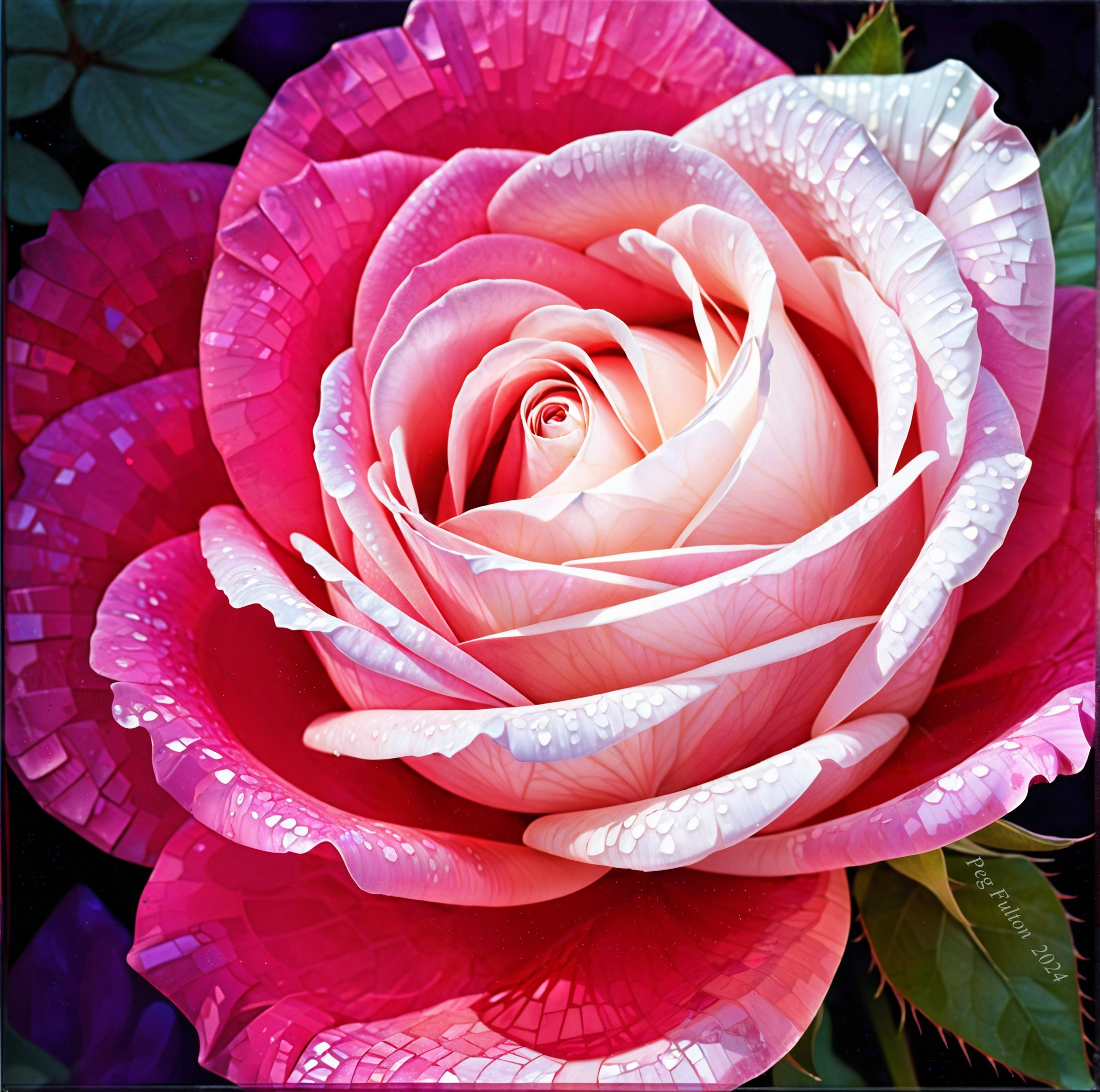 Close-Up of a Pink Rose with Water Droplets and Greenery
