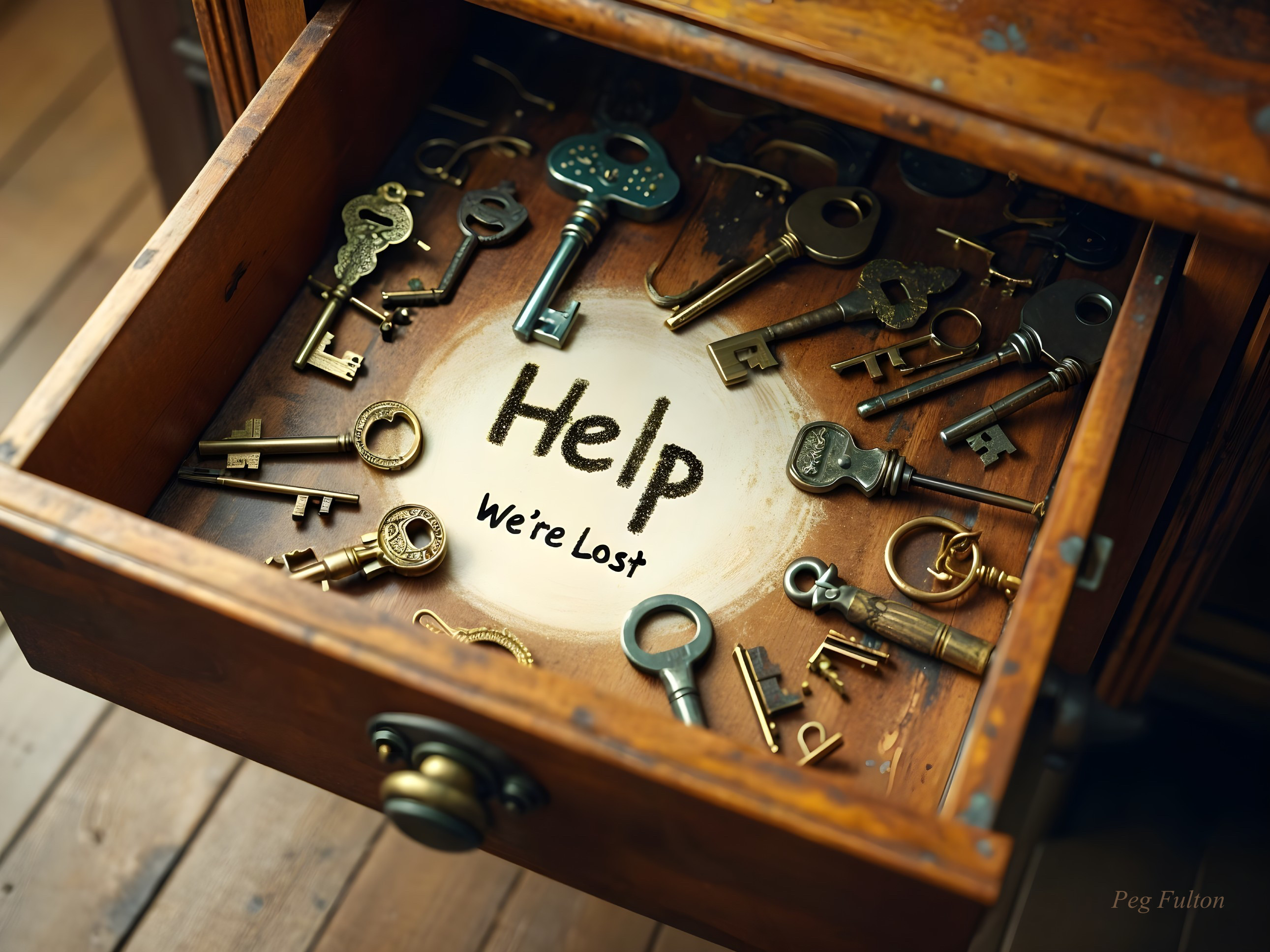 Antique Keys in Open Wooden Drawer with Dust Message