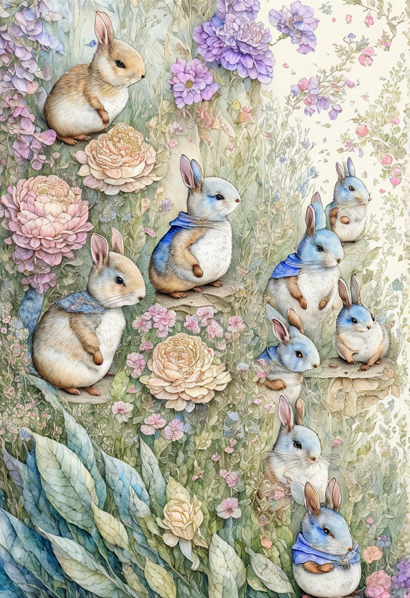 Multiple rabbits in different poses amidst vibrant flowers and greenery.