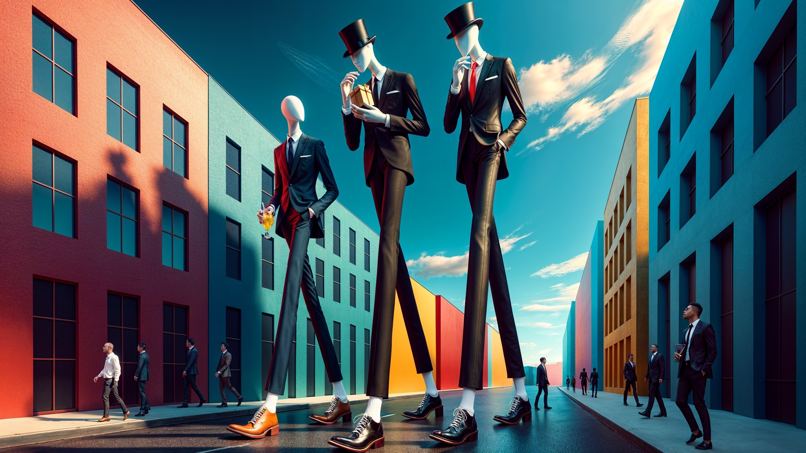 Surreal Figures in Suits Against Colorful Urban Backdrop