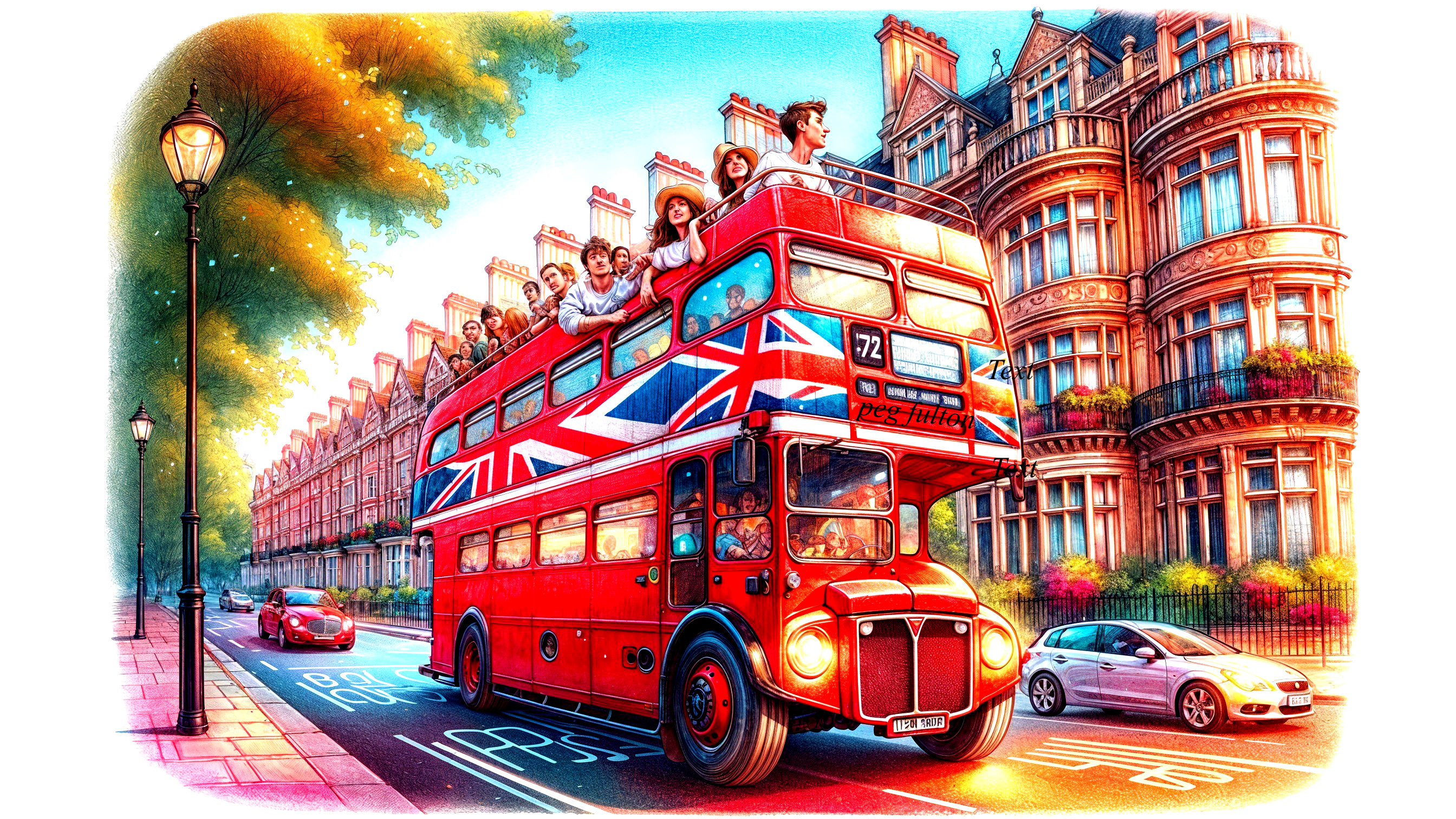 Double-Decker Bus with Union Jack in Historic City
