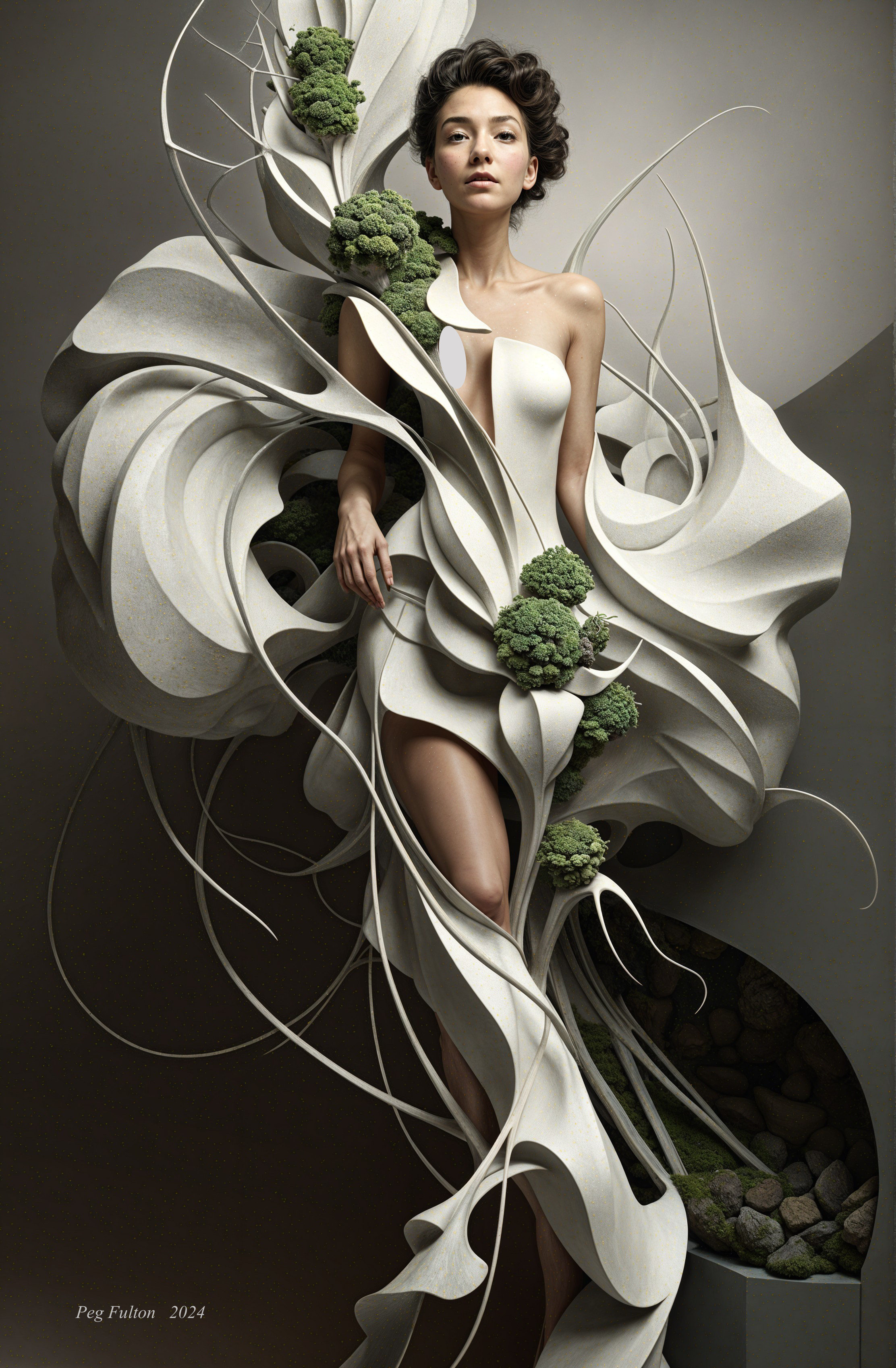 Elegant figure in flowing gown with organic elements