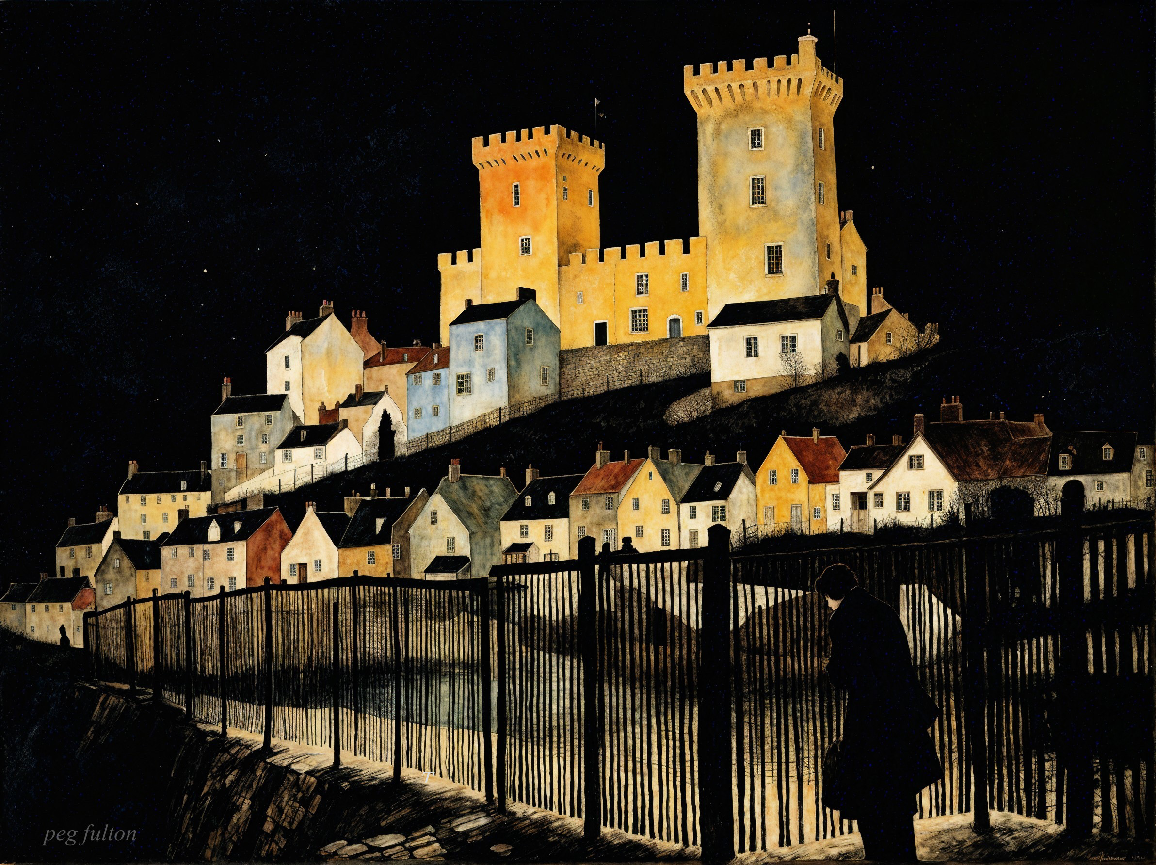 Dark Castle with Yellow Towers Overlooking Colorful Houses