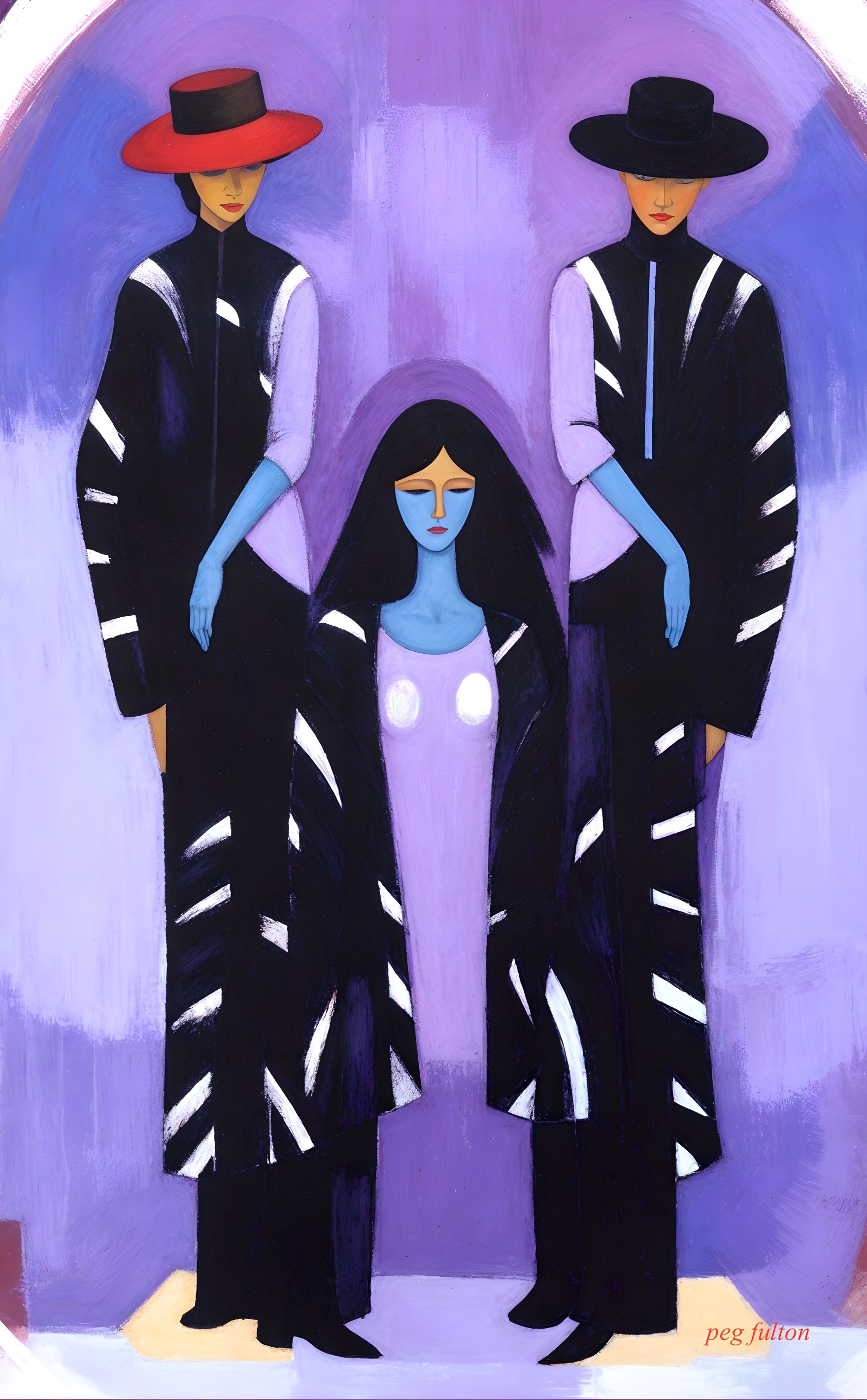 Three Stylized Figures in Black Attire on Purple Background