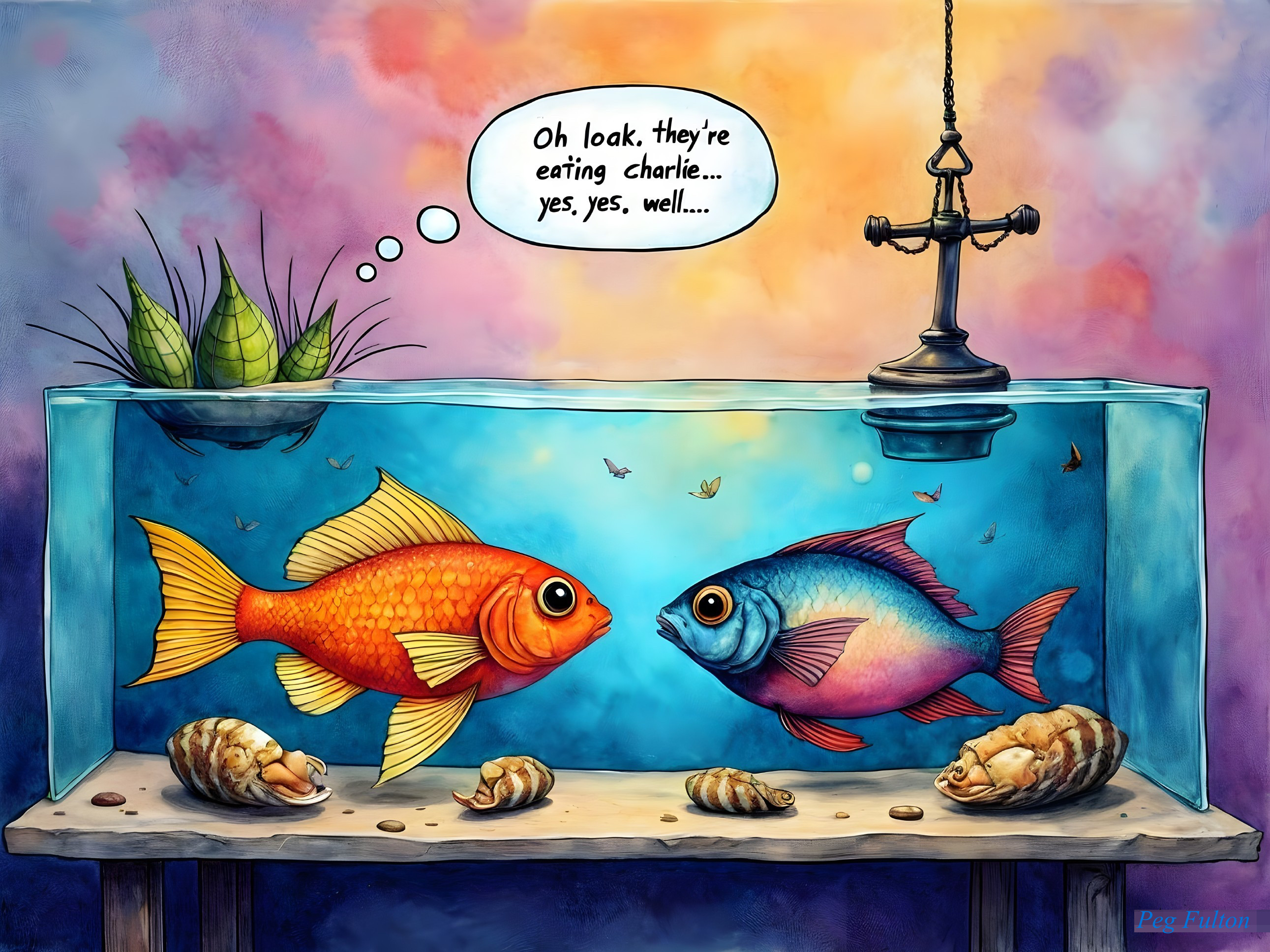 Goldfish and Blue Fish Humor in Vibrant Aquarium Scene