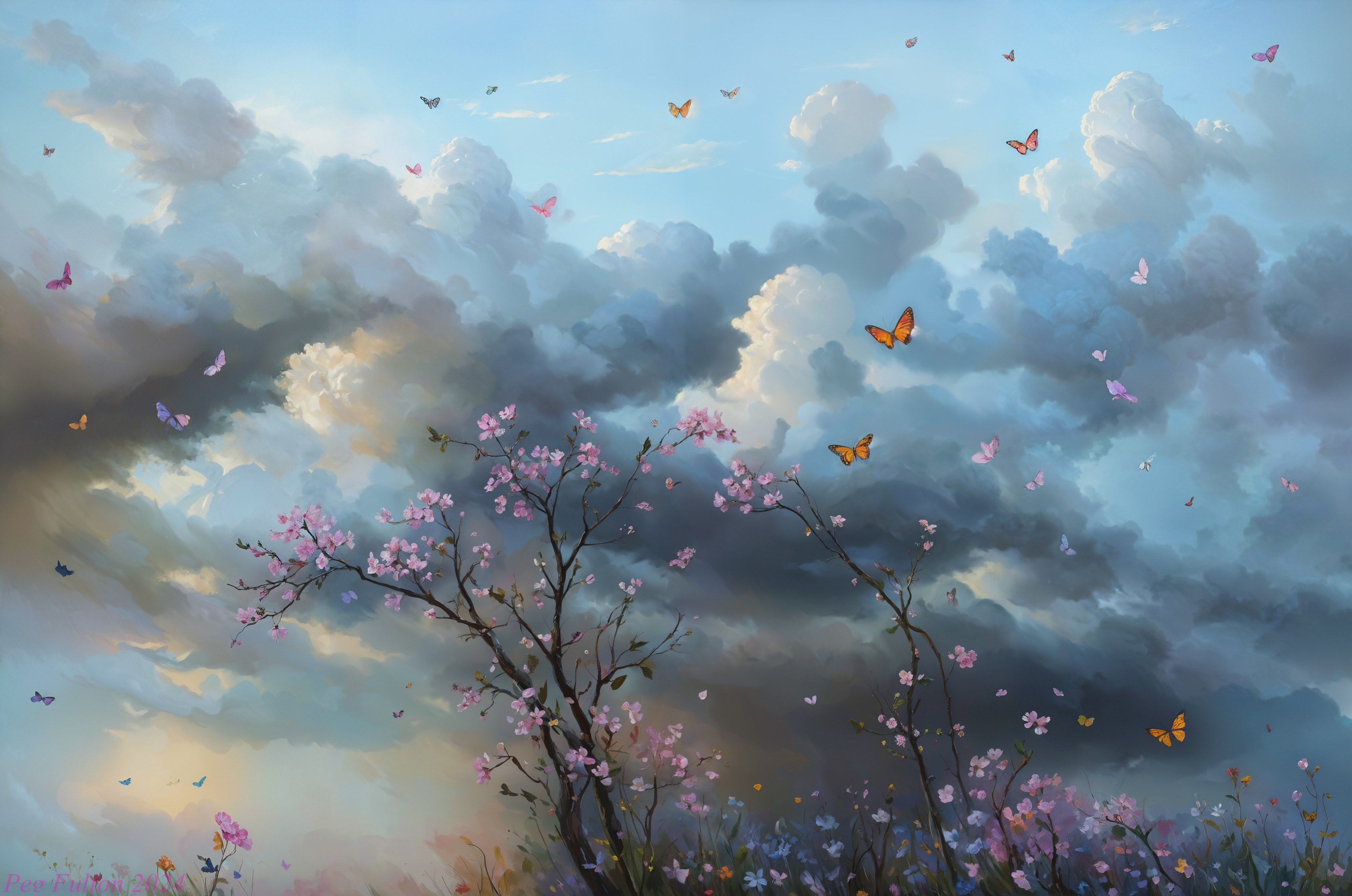 Blossoming Cherry Trees in a Serene Spring Landscape