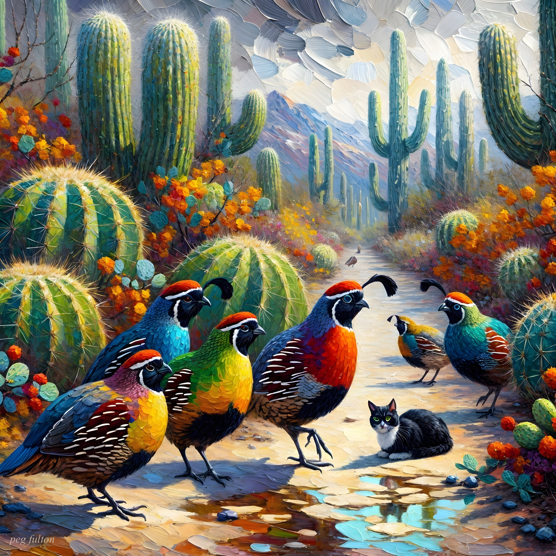 Colorful Quail and Cat in a Desert Landscape
