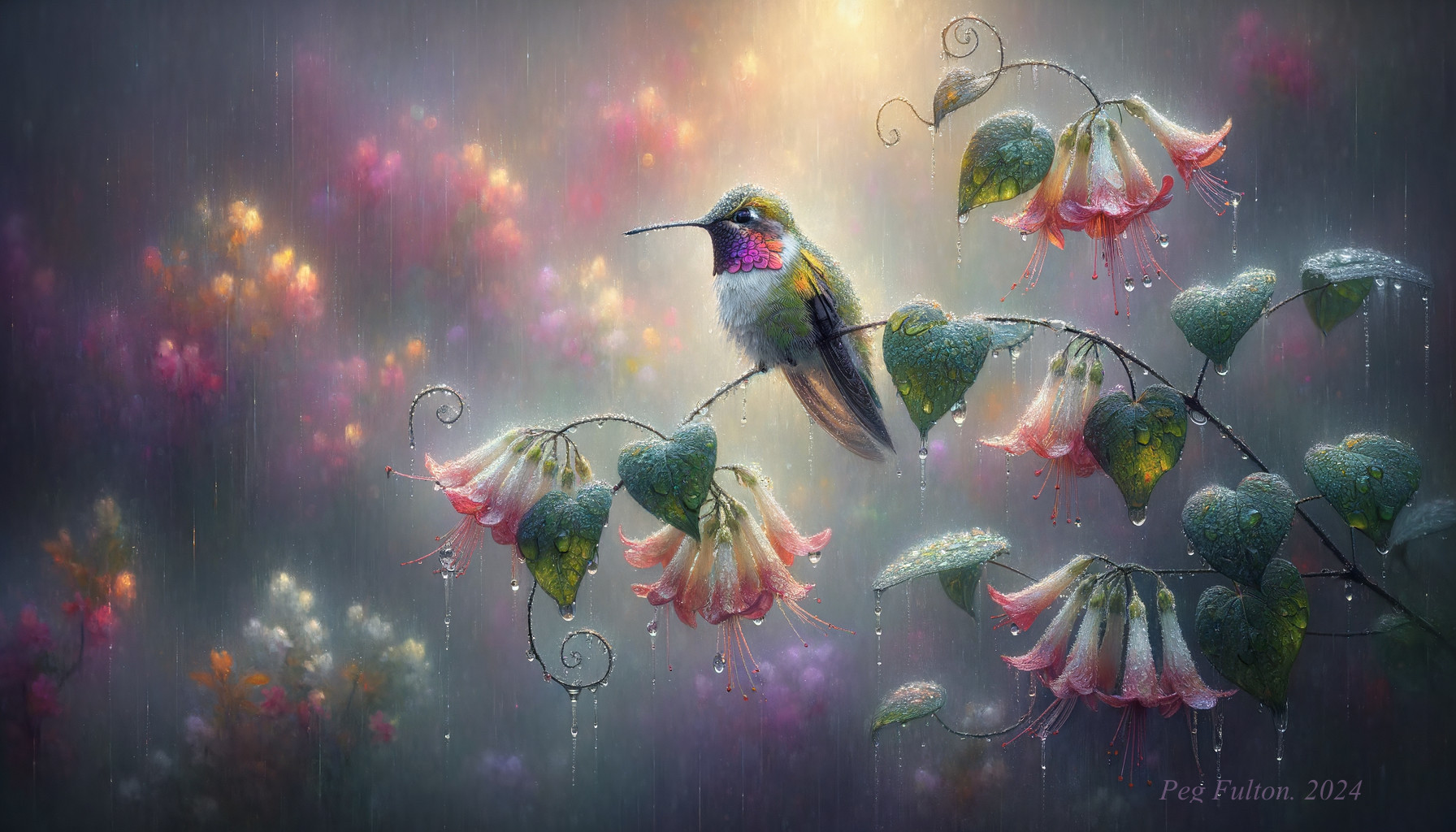 Hummingbird on Flowering Vine in Pastel Atmosphere
