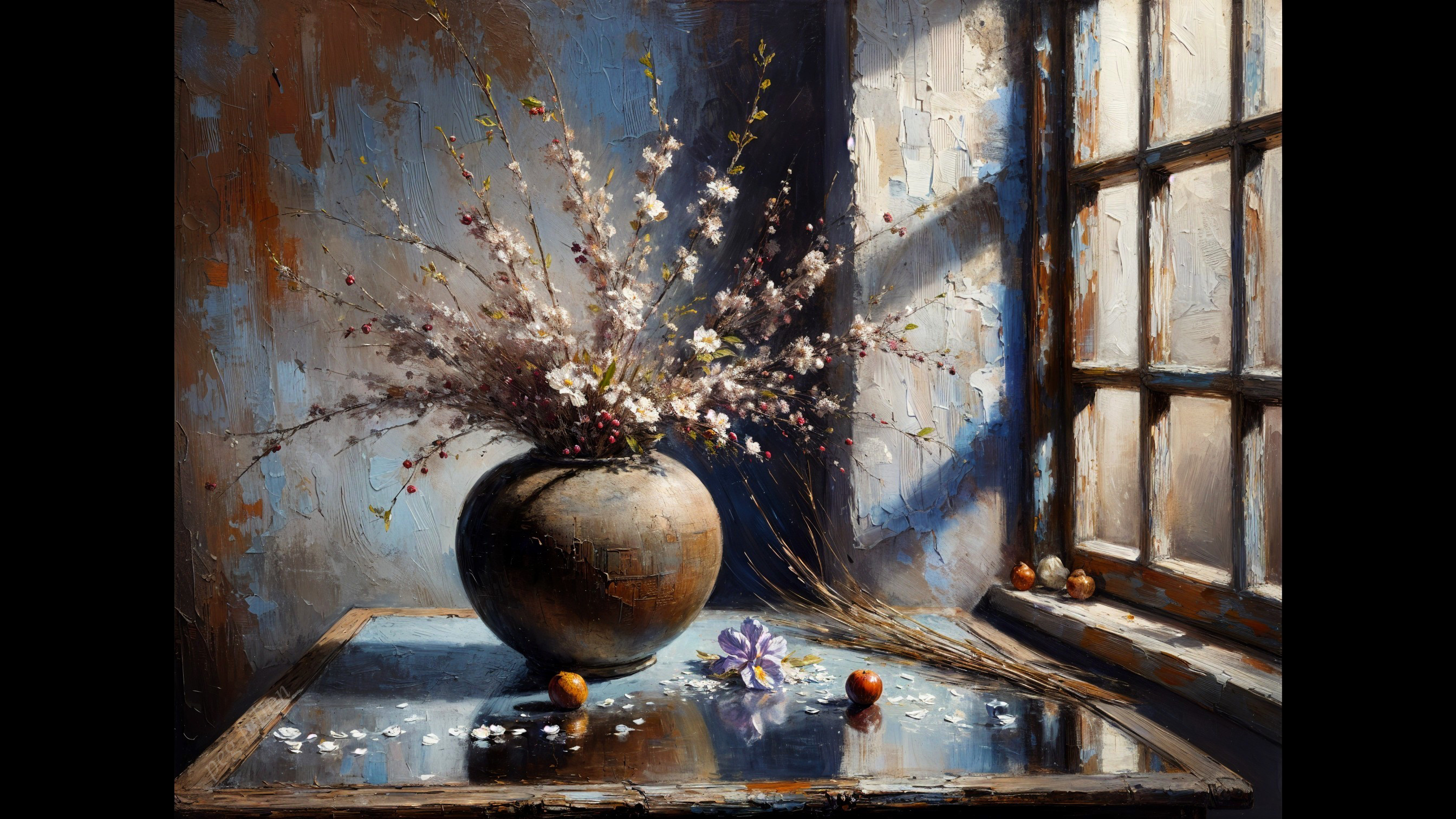 Serene Still Life with Rustic Vase and Flowers