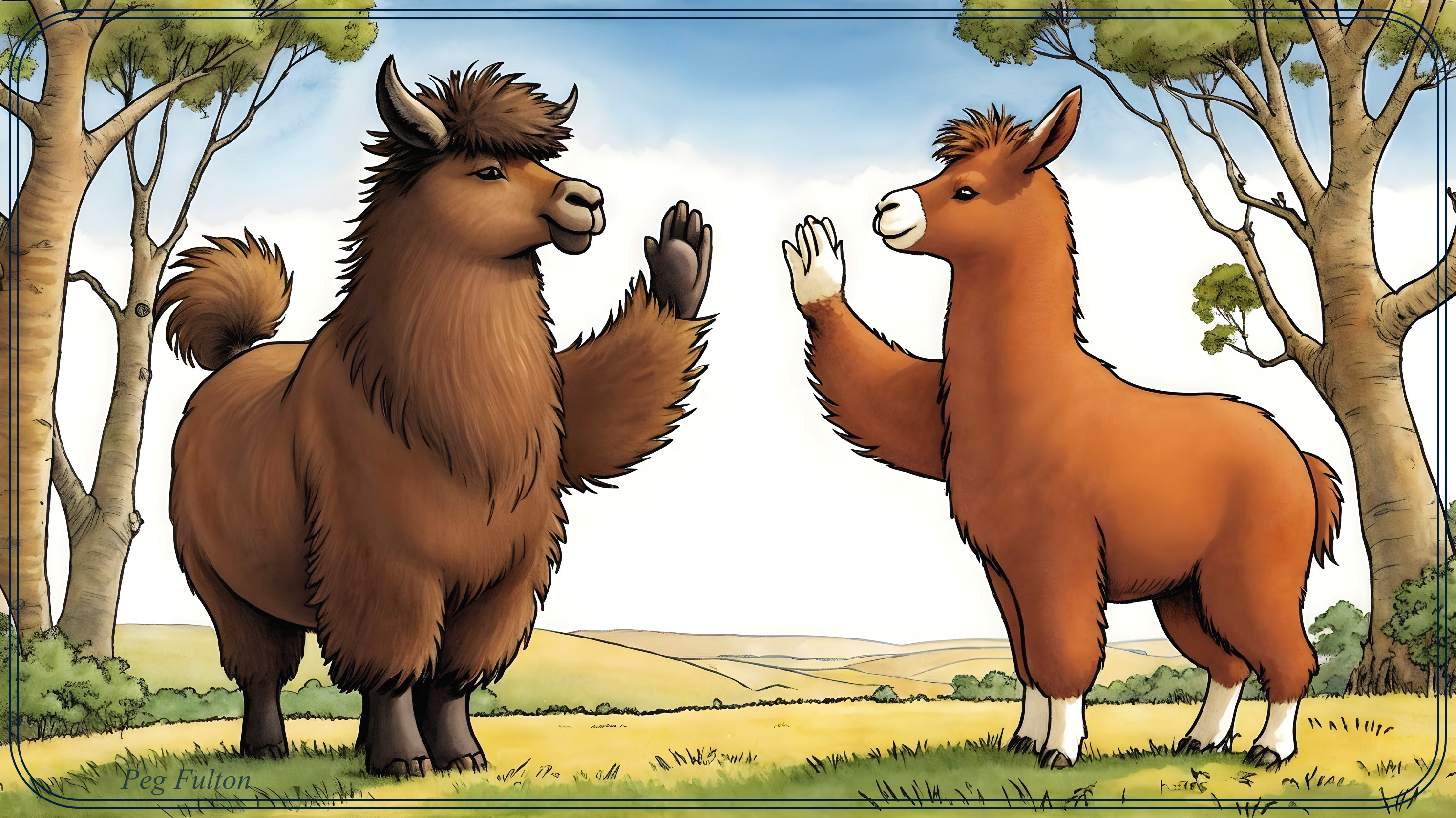 Animated Llamas in a Lush Green Landscape