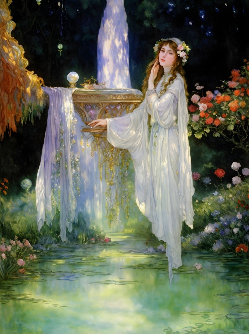 Ethereal Figure by a Sparkling Waterfall in Garden
