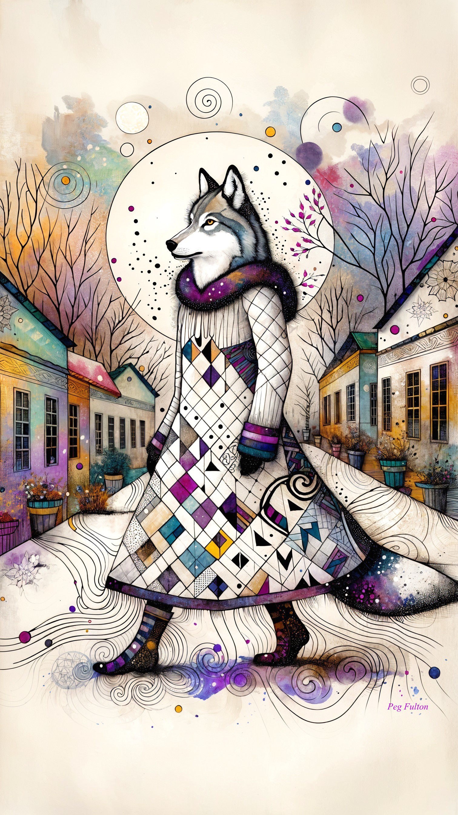 Whimsical Illustration of a Wolf in a Snowy Village