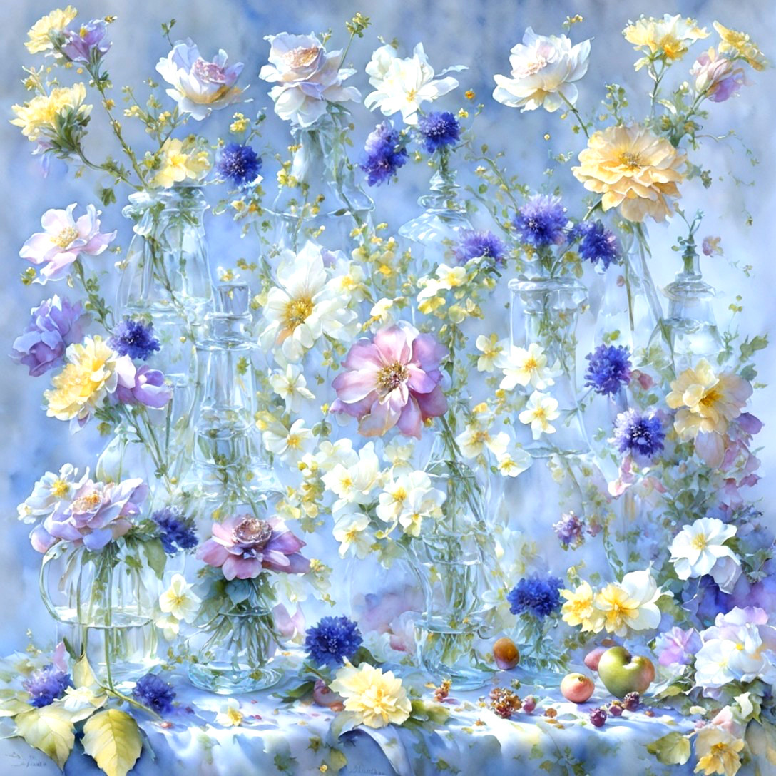 Colorful Flower Arrangement in Glass Vases with Fruits