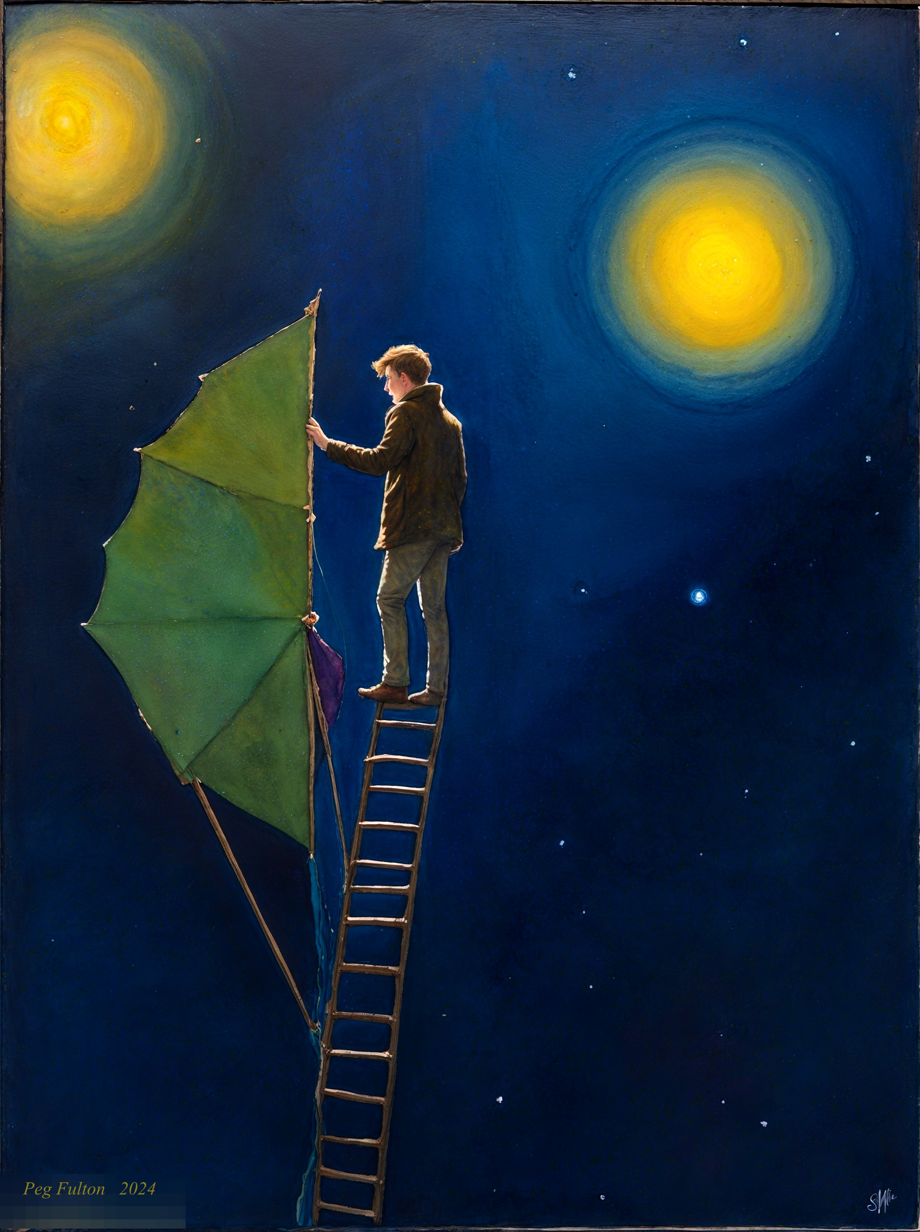 Man on Ladder Balancing on Kite Under Night Sky