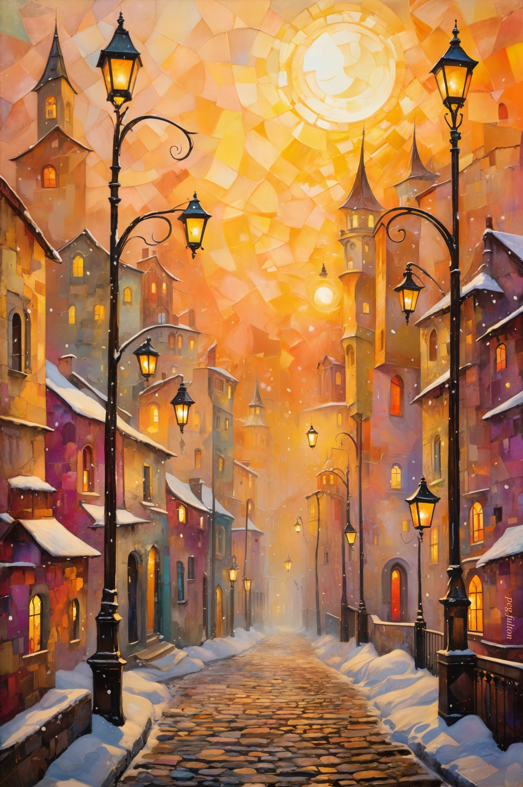 Whimsical Snow-Covered Street with Vintage Lampposts