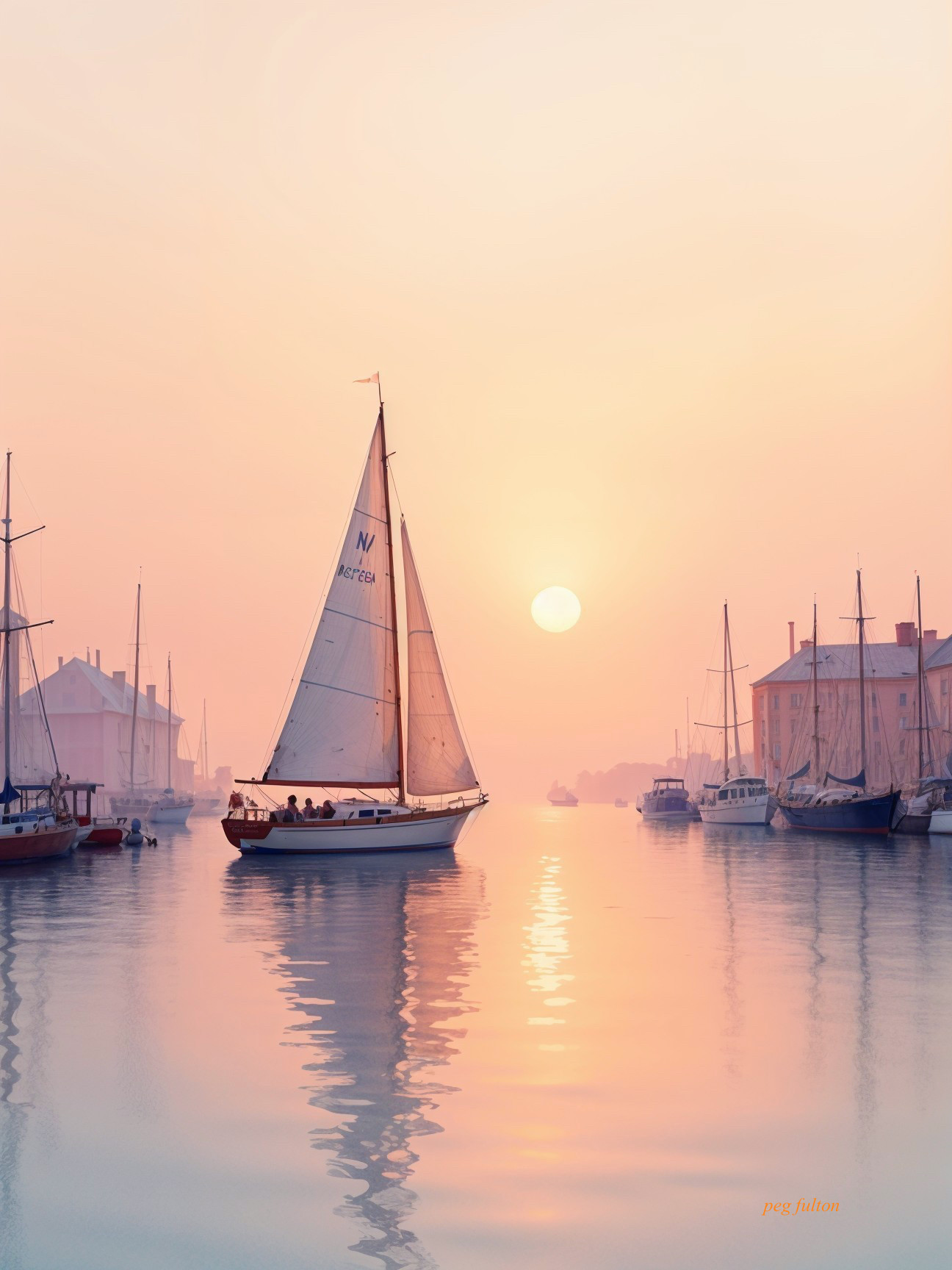 Tranquil Marina at Sunrise with Sailboat and Reflections