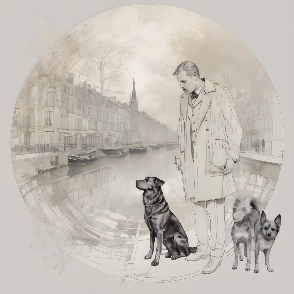Stylish man in trench coat by tranquil canal with dogs