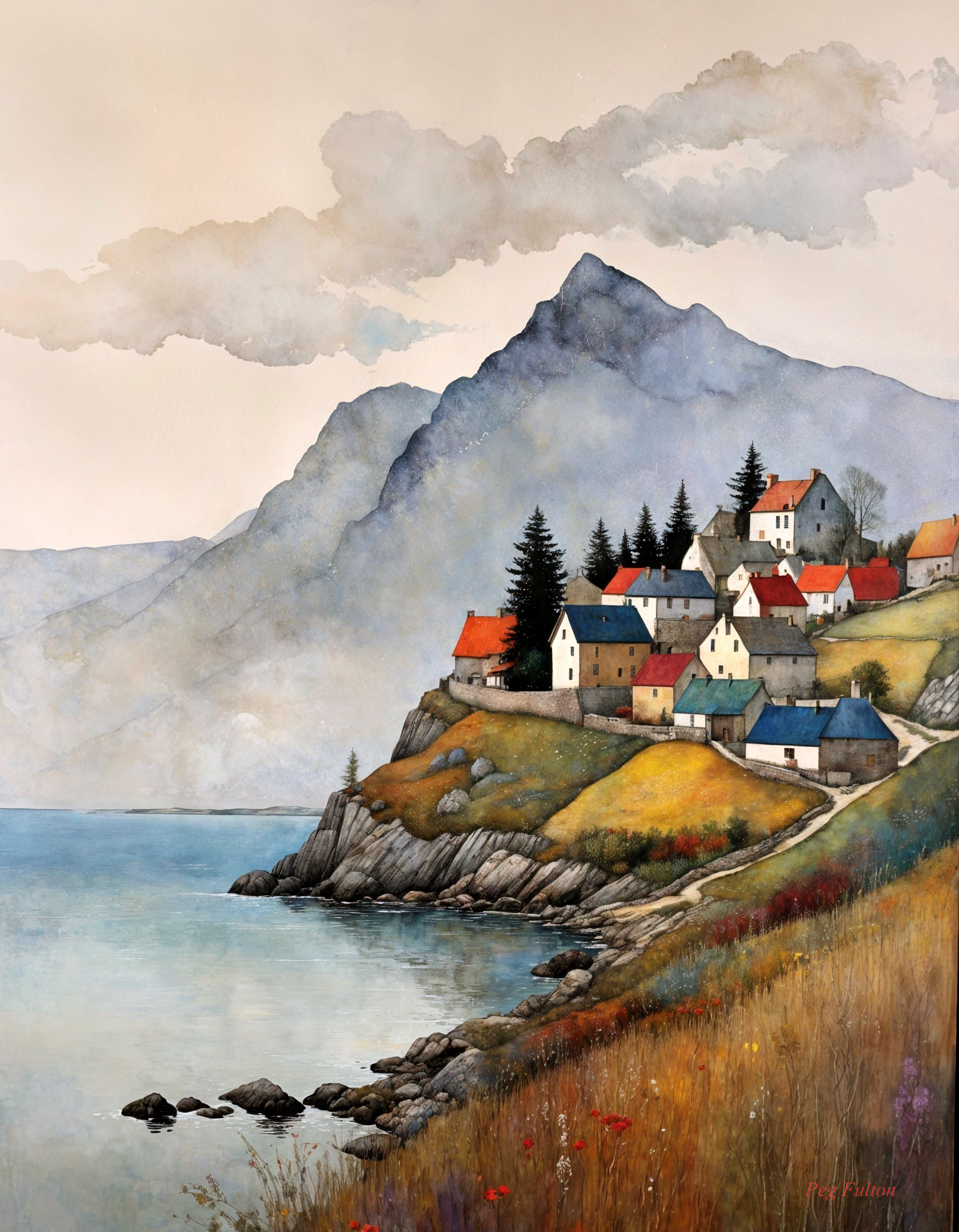 Quaint Village Landscape with Mountain and Lake View