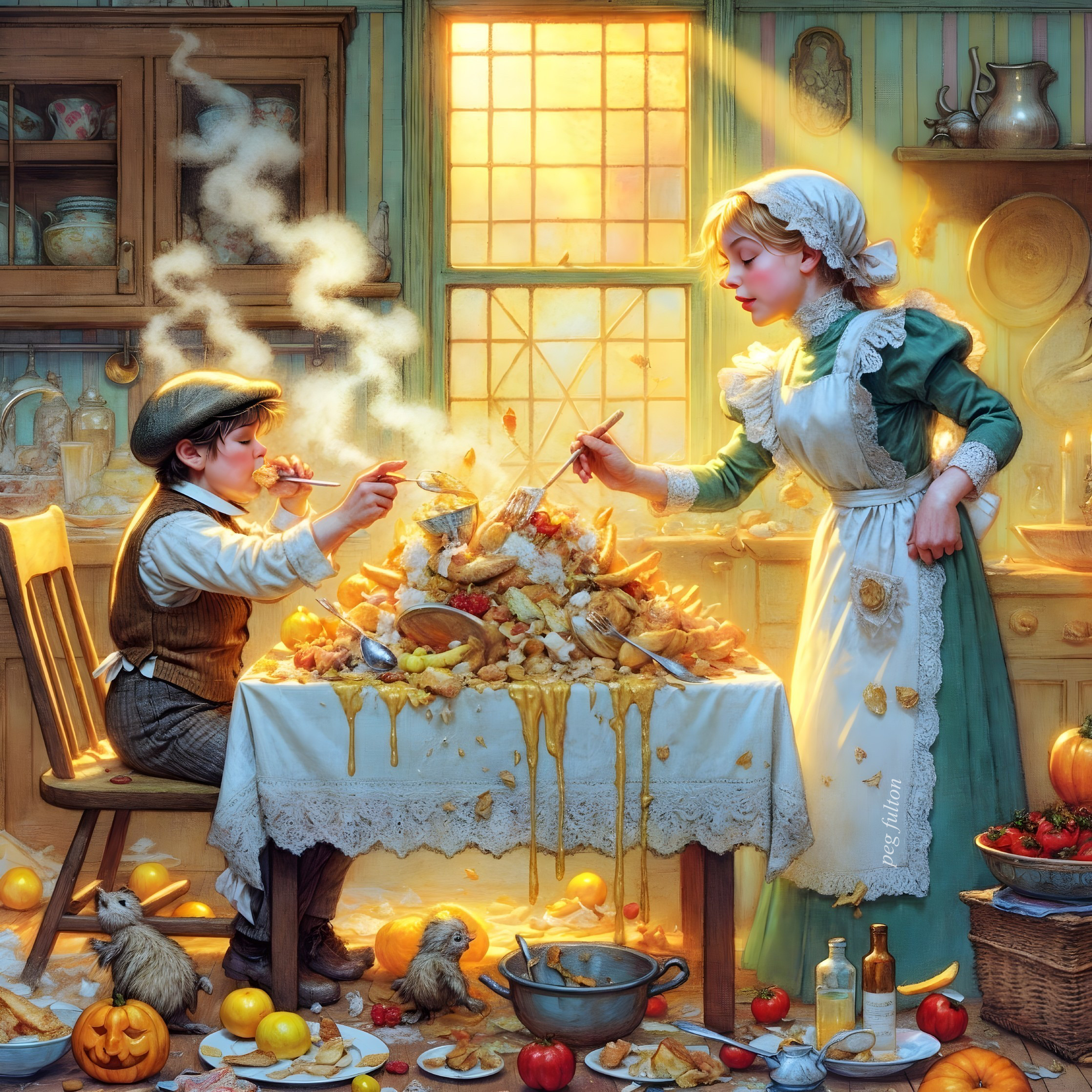 Vintage Kitchen Scene with Pancakes and Seasonal Decor