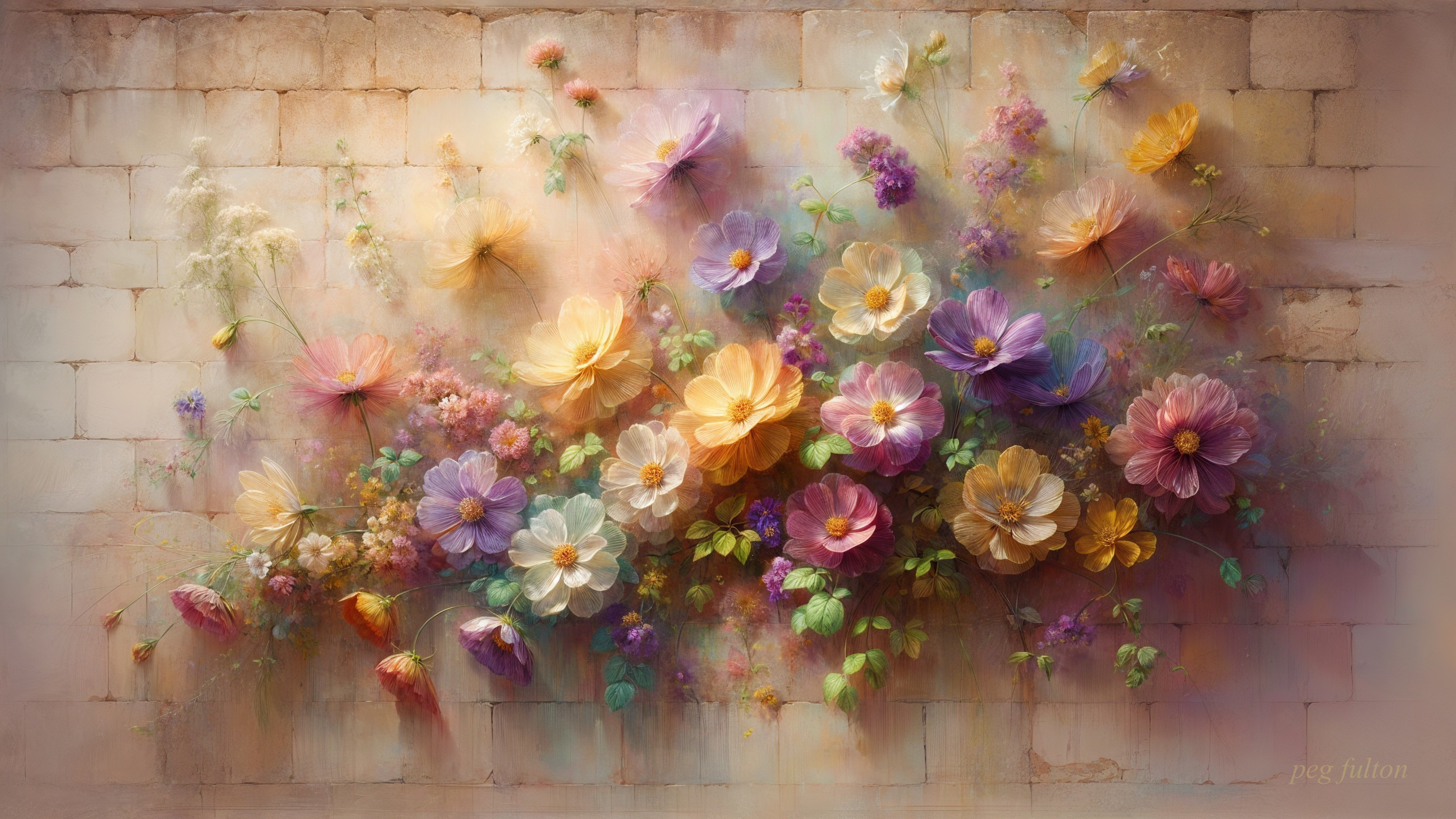 Vibrant Floral Mural on Rustic Stone Wall
