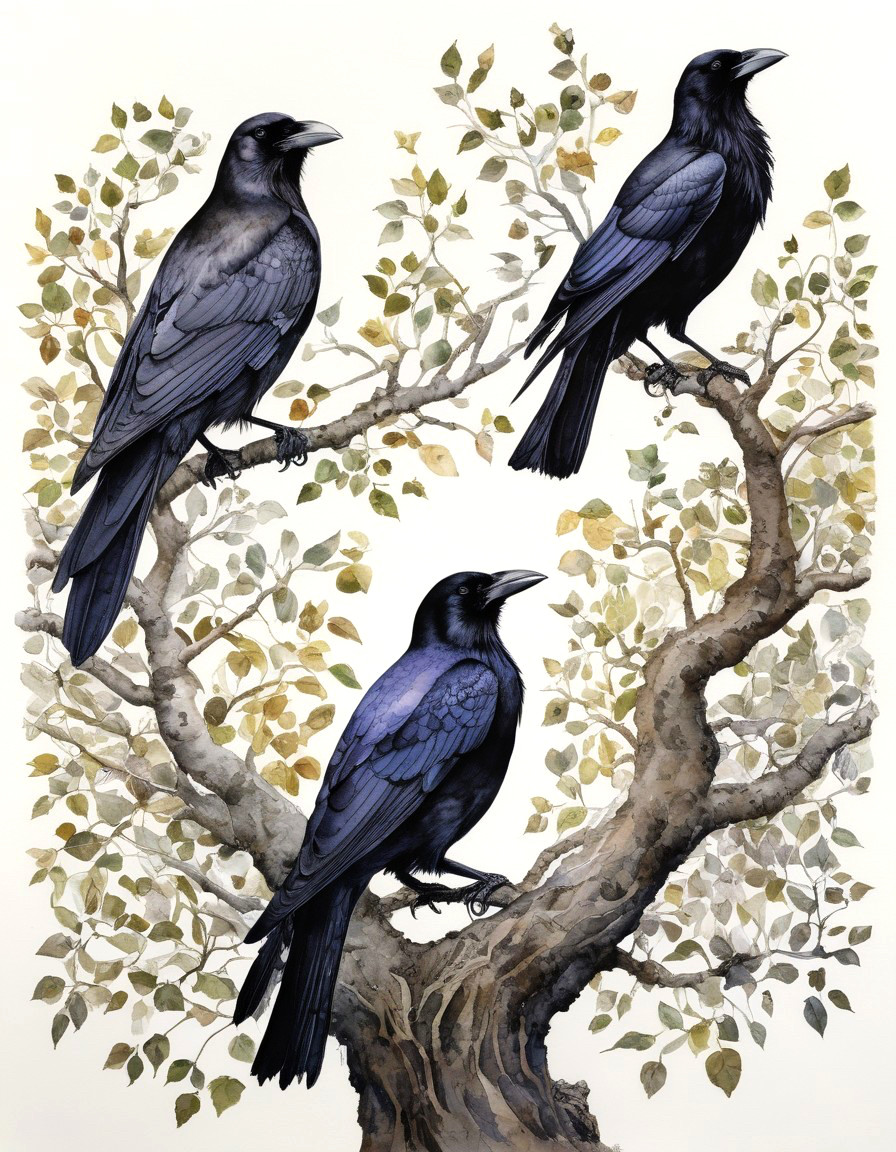 Three black ravens on gnarled tree branches