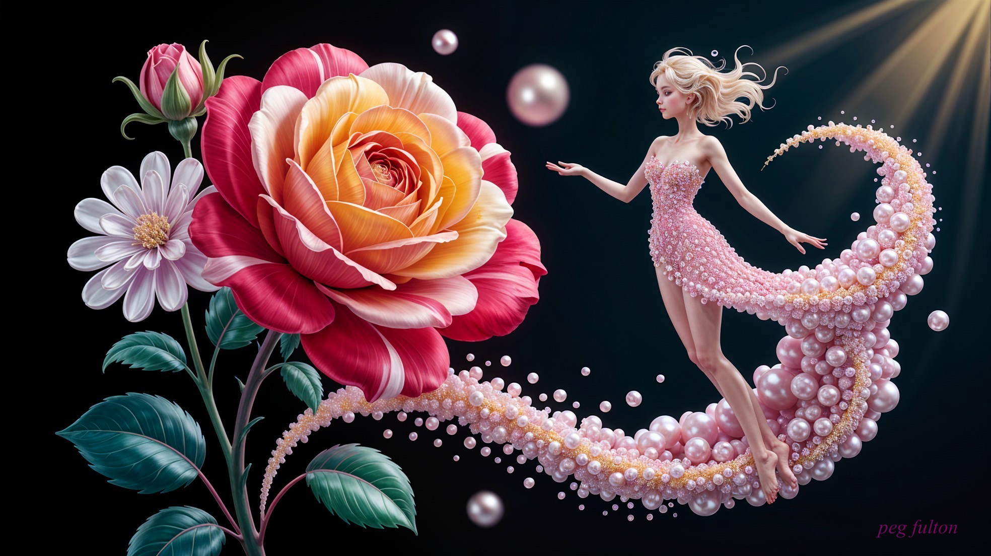 Elegant figure amidst pearls and vibrant flowers