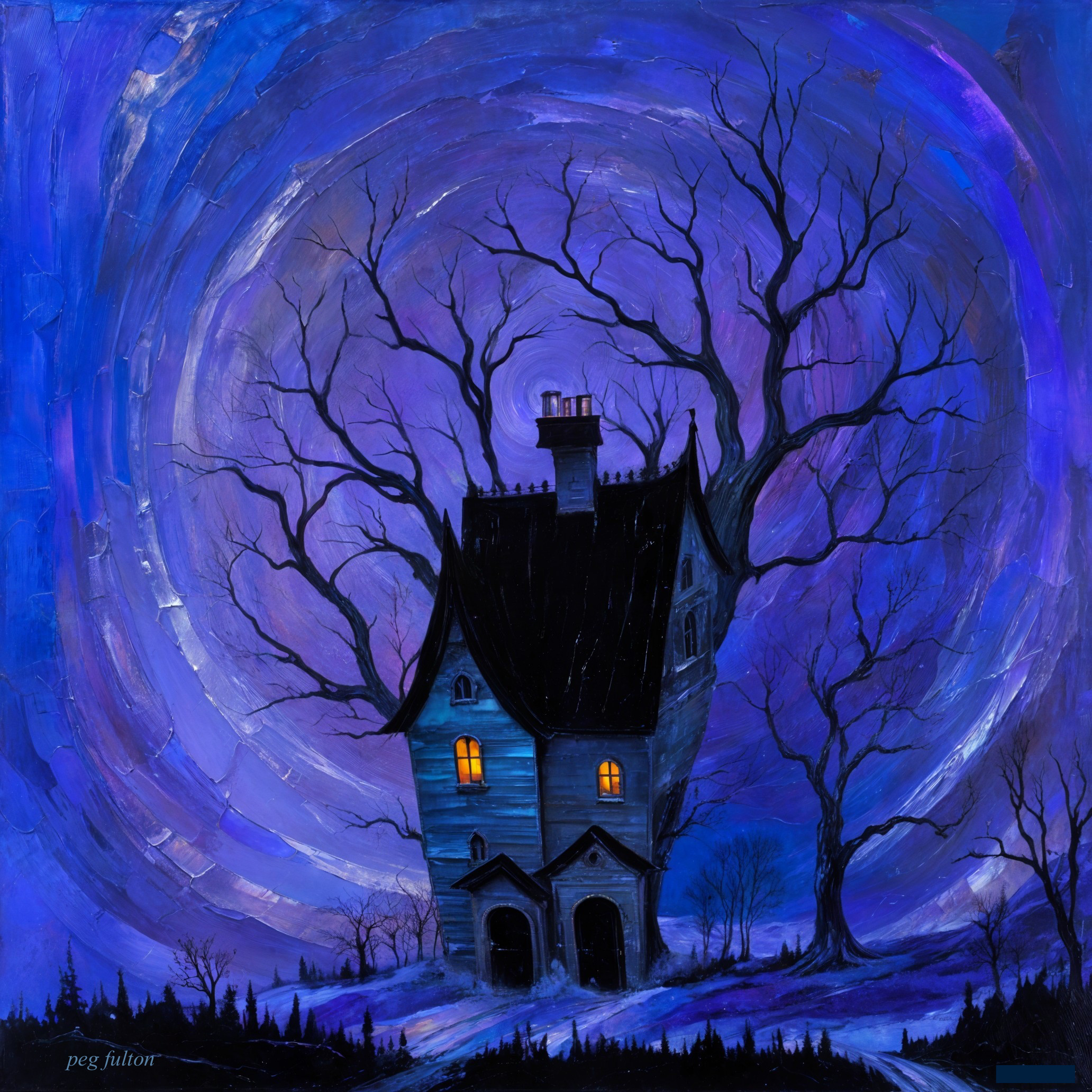Whimsical Crooked House Under Dark Purple Sky