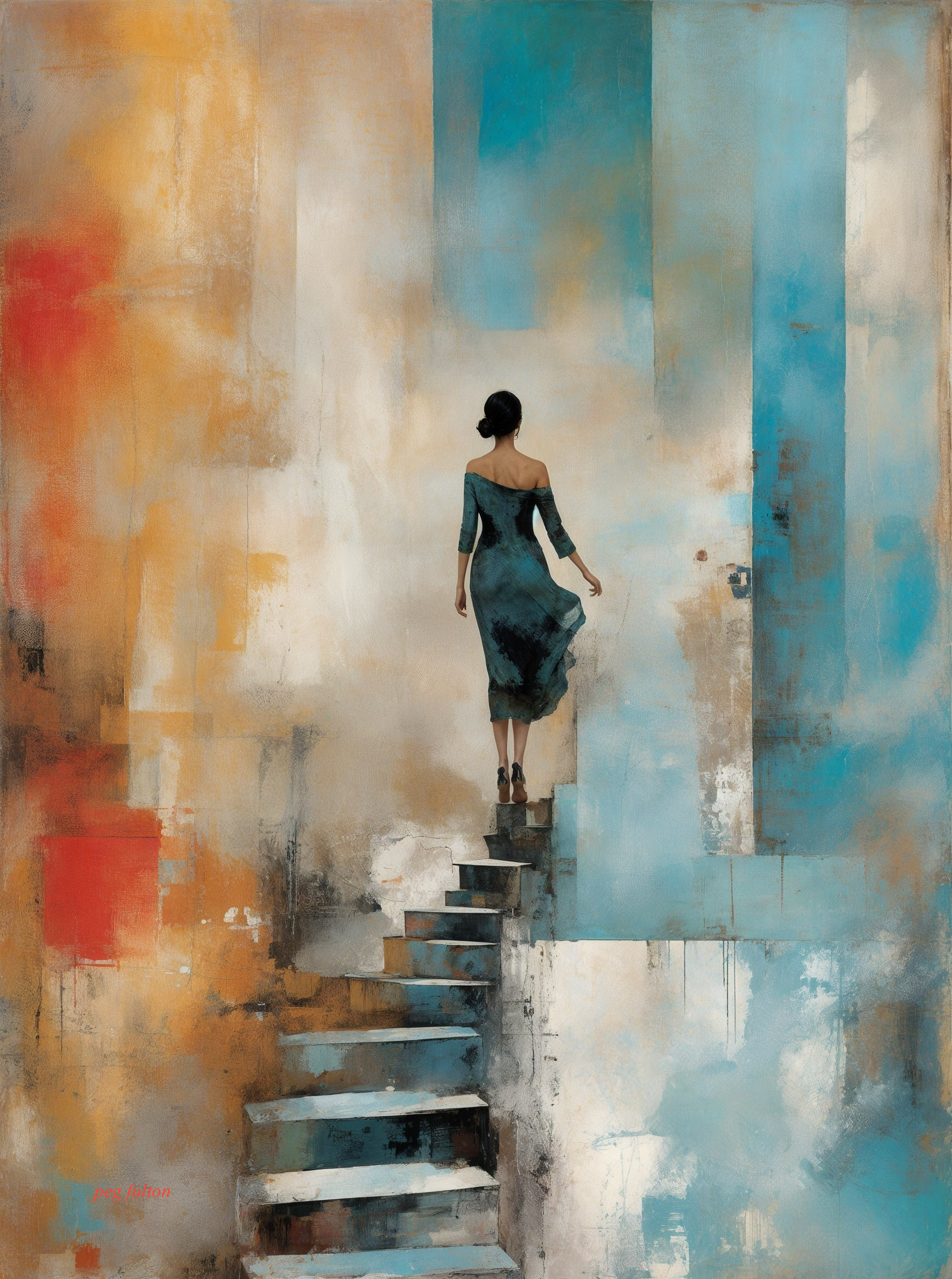 Solitary Figure in Dark Dress Ascending Colorful Stairs