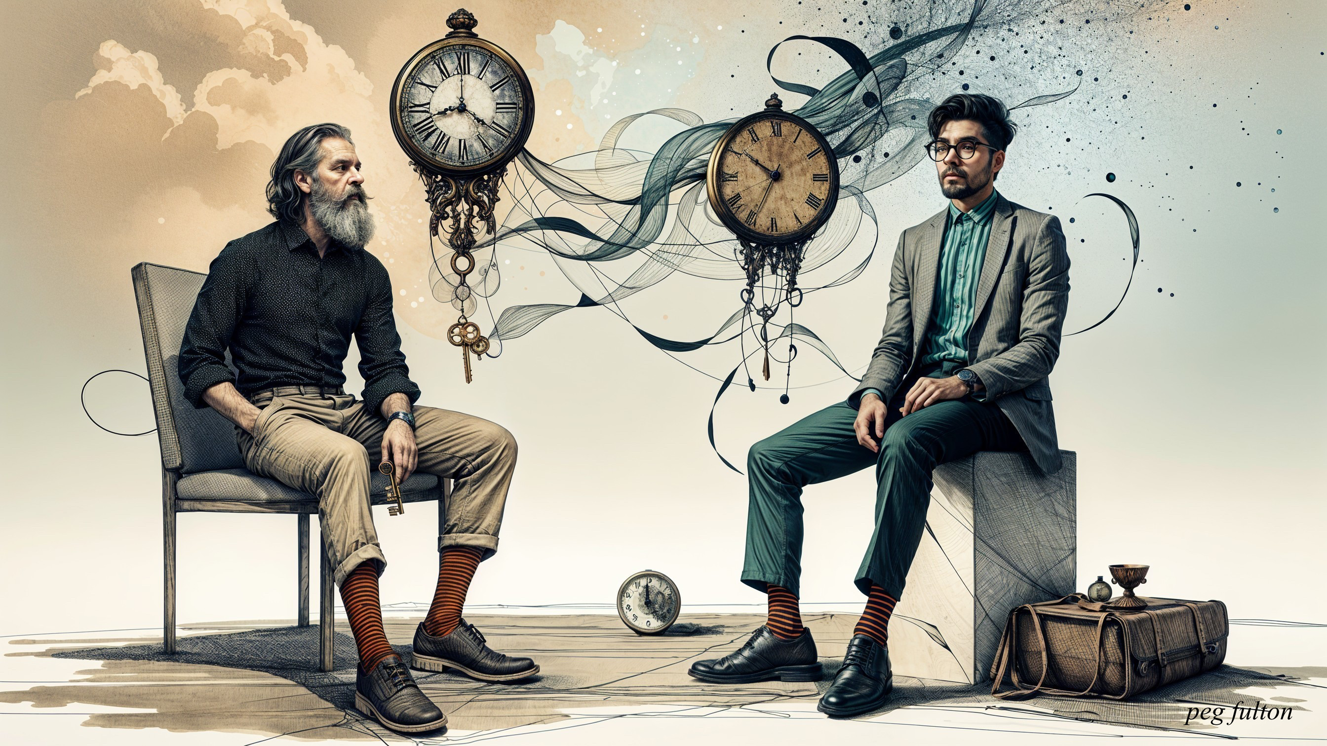 Two Men in Surreal Setting with Vintage Clocks