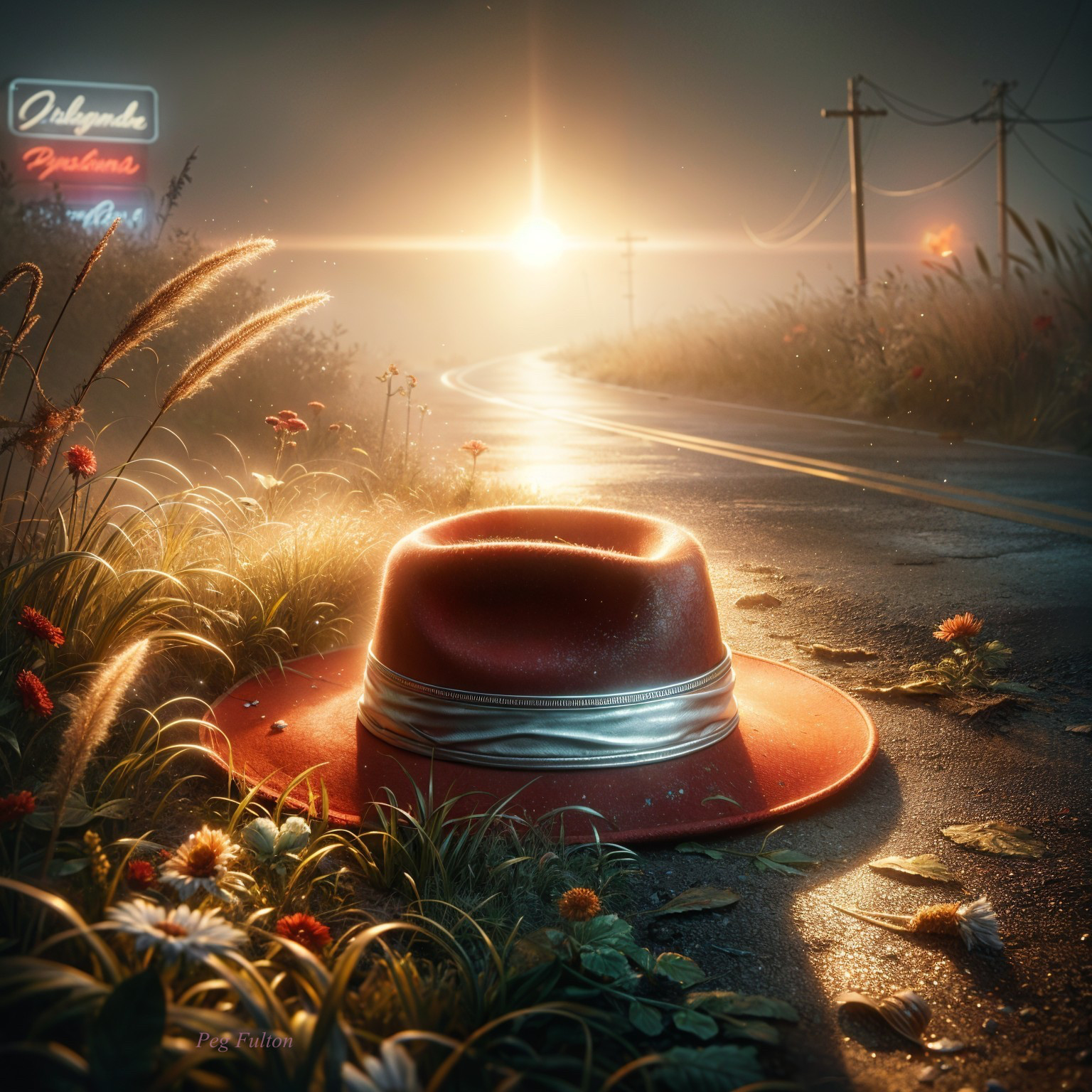 Red Hat on Roadside with Wildflowers at Sunset