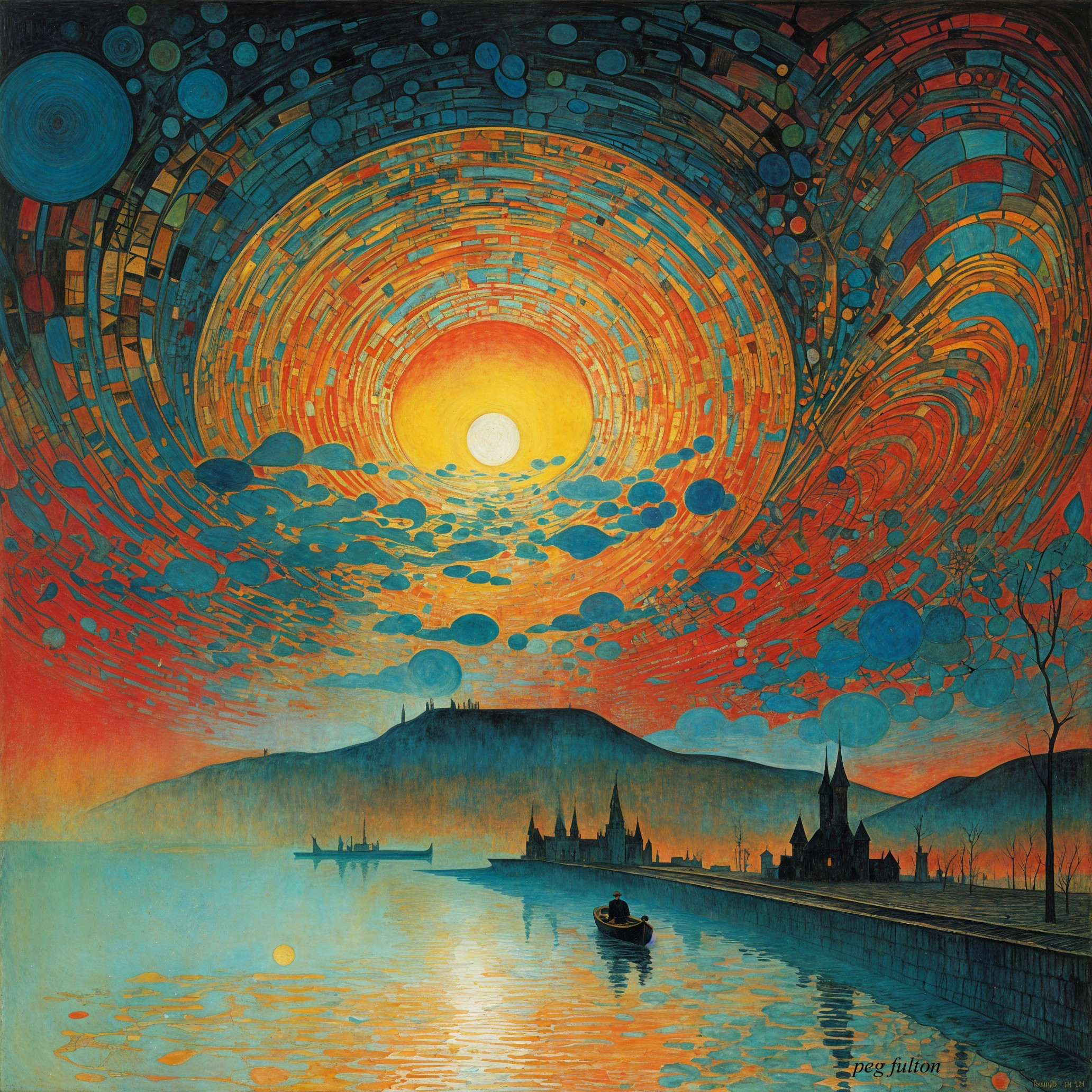 Vibrant Sunset Over Tranquil Landscape and Waterfront
