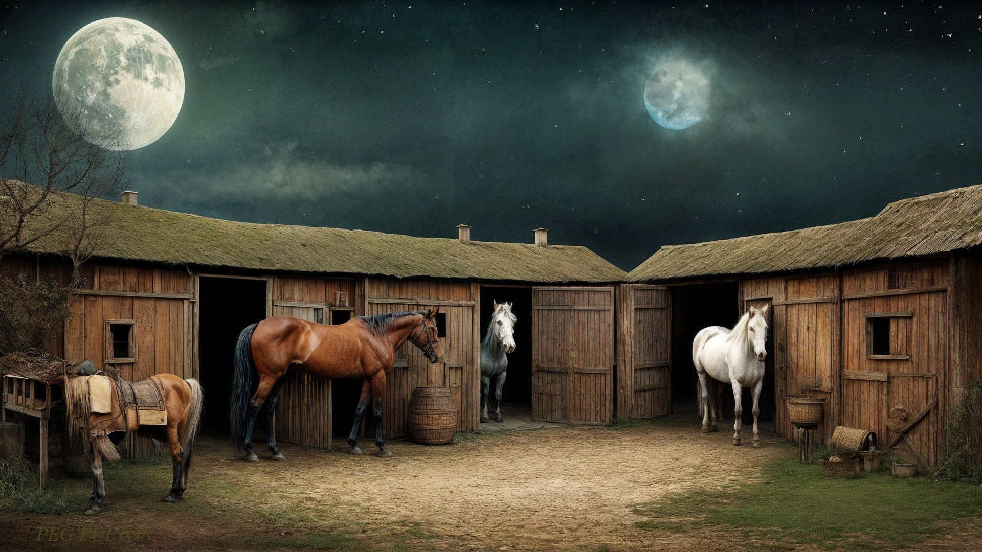 Tranquil Night Scene with Horses and Rustic Stables