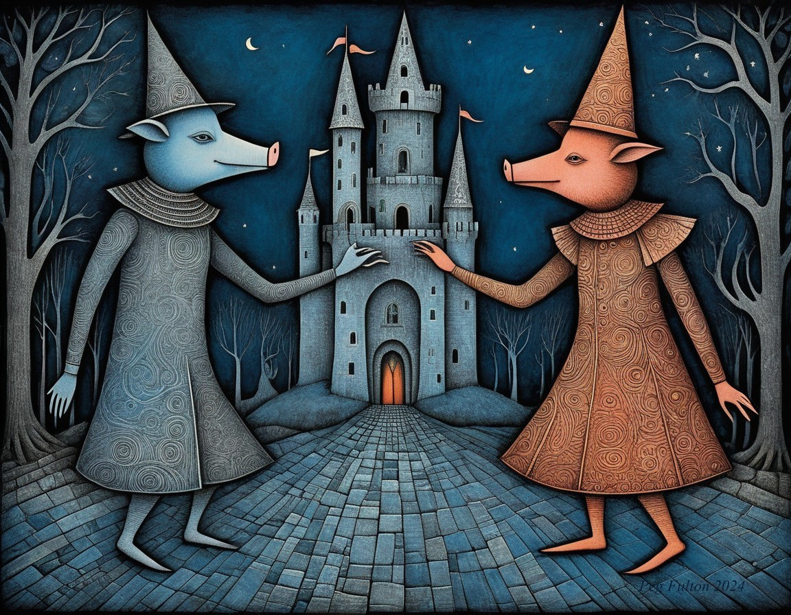Whimsical Pig Figures on Path to Castle at Night