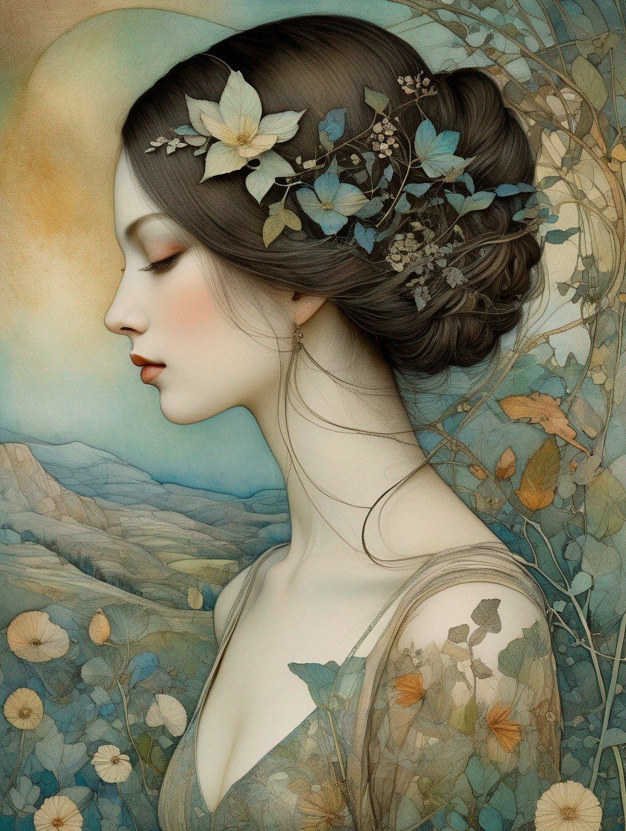 Serene woman with floral hairstyle in dreamy landscape