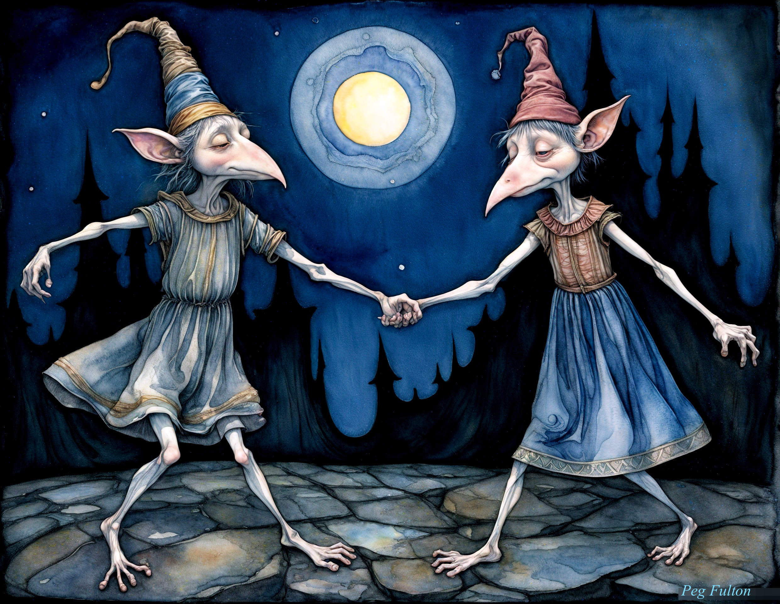 Whimsical Goblin Characters Dancing Under Moonlight